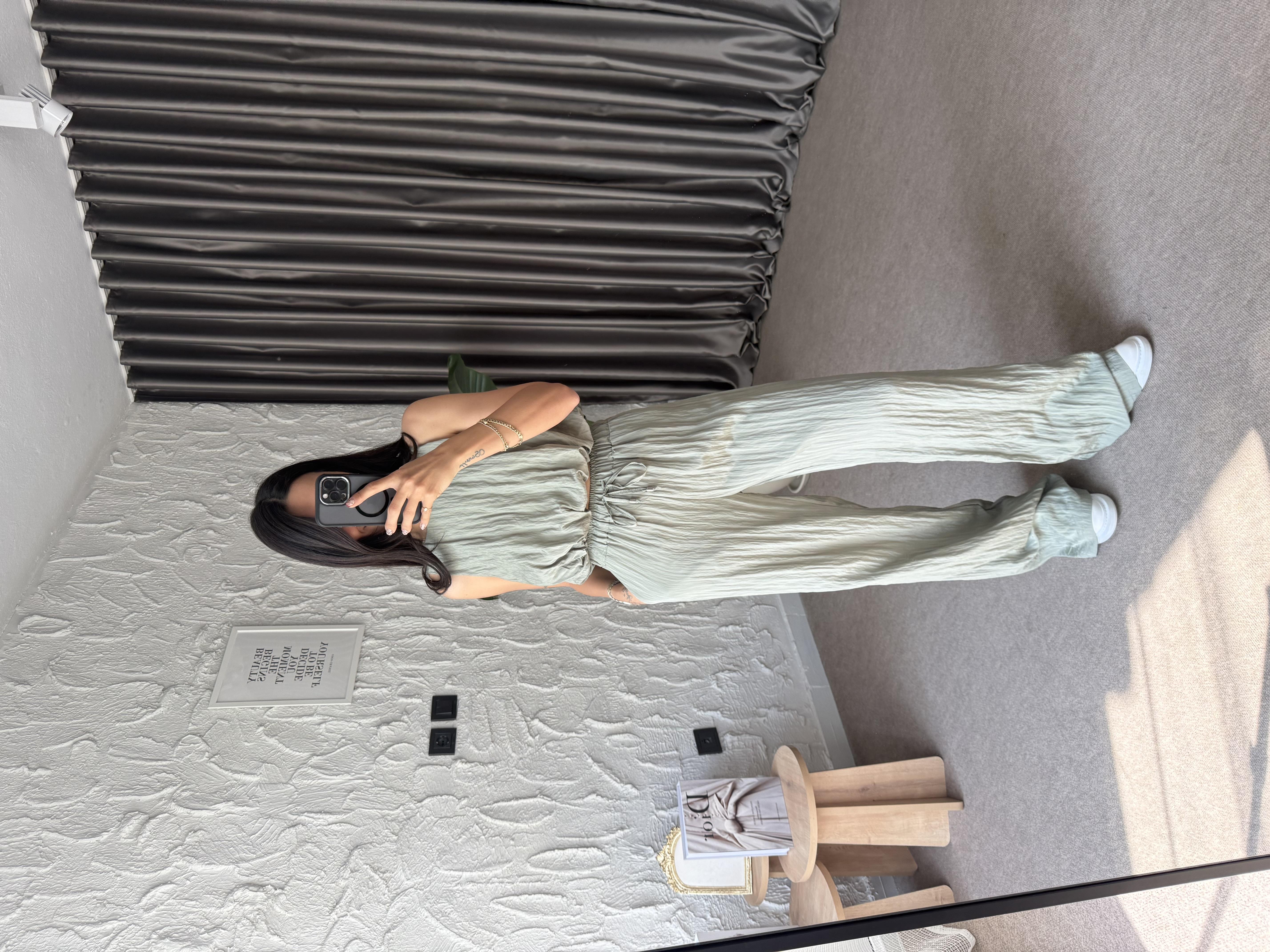 Kırışık Görünümlü Haki Bluz-Pantolon 