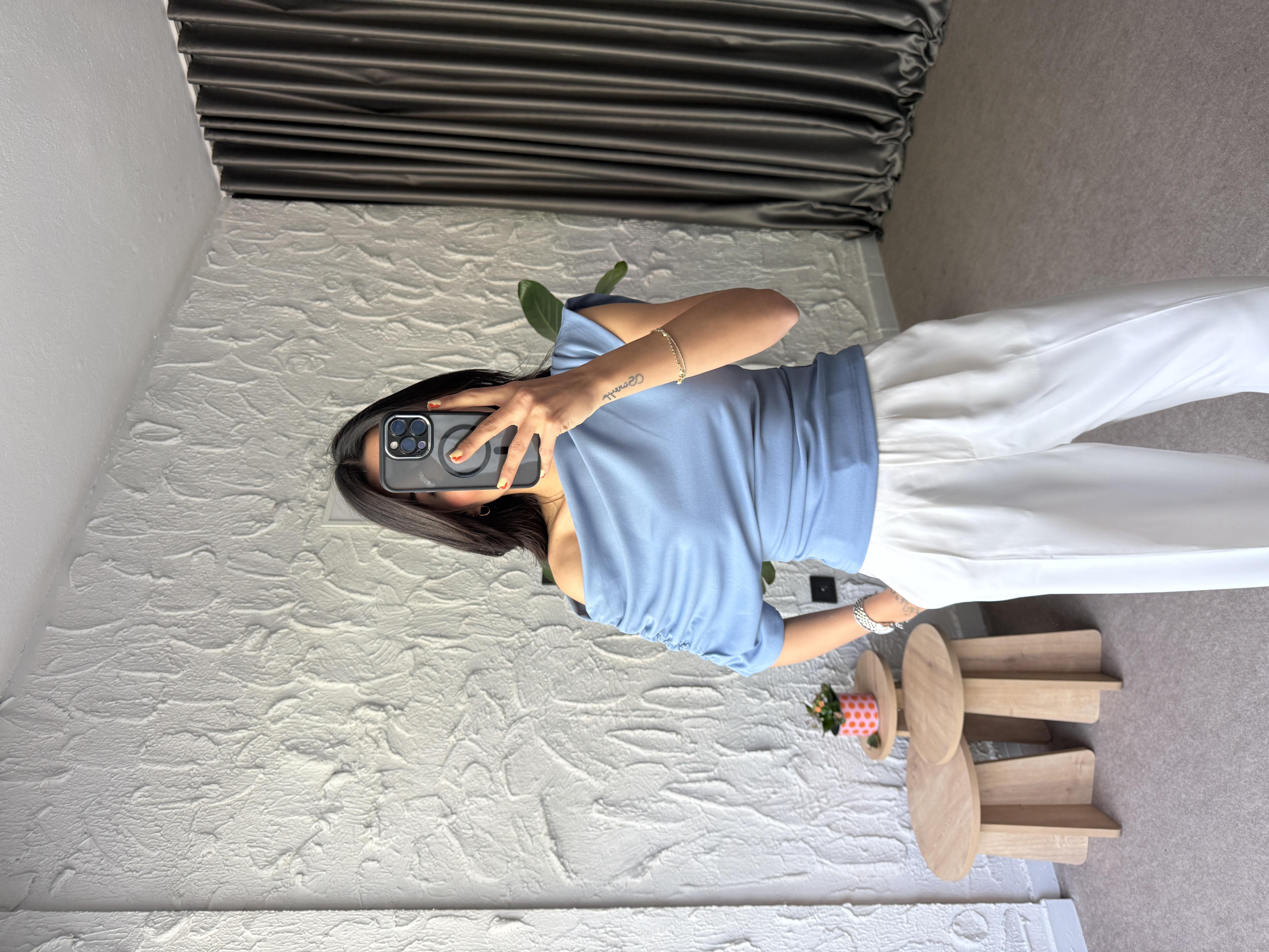 Kol Drapeli Bluz - Mavi