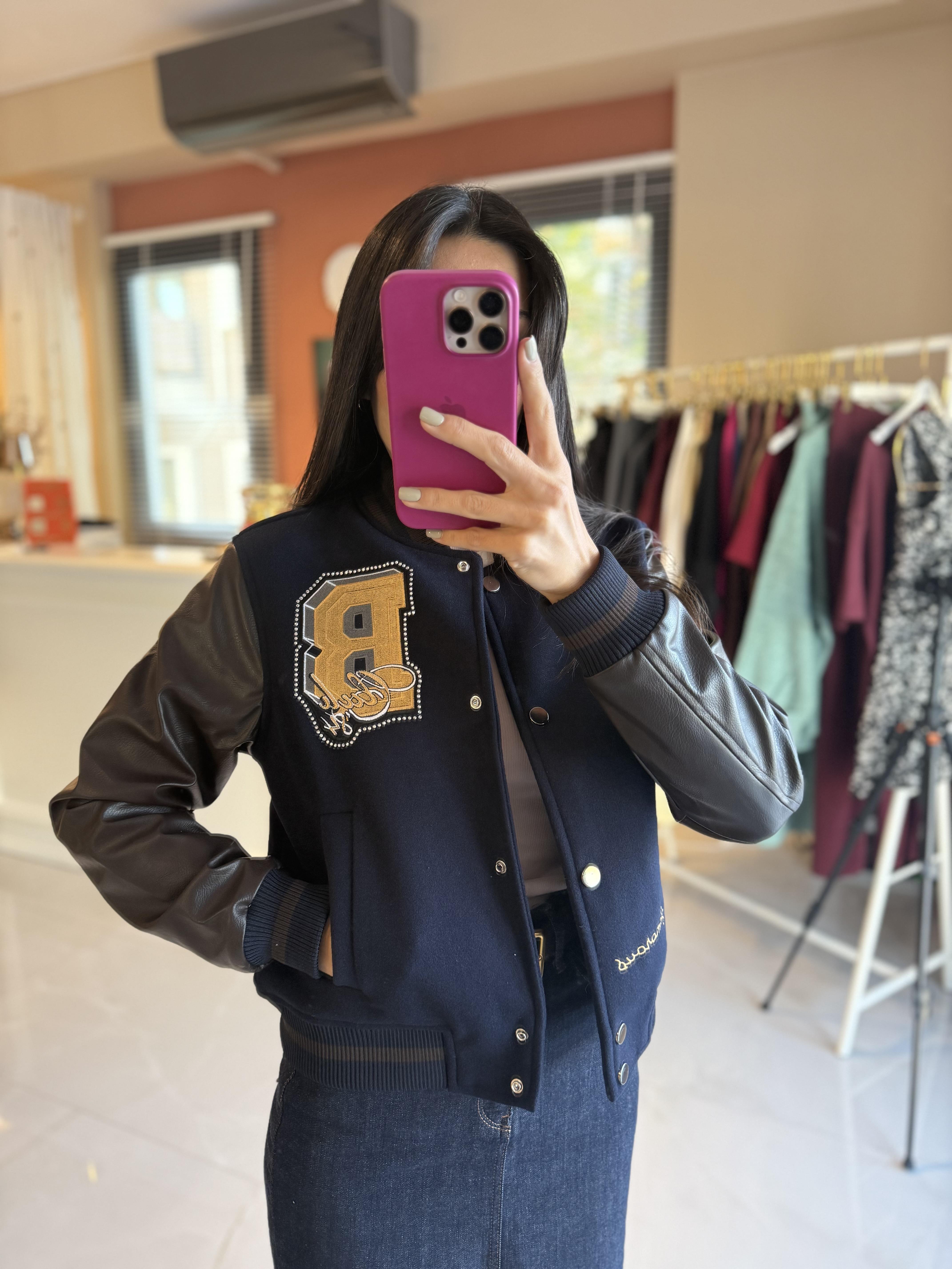 Kolu Deri Detay Lacivert Ceket