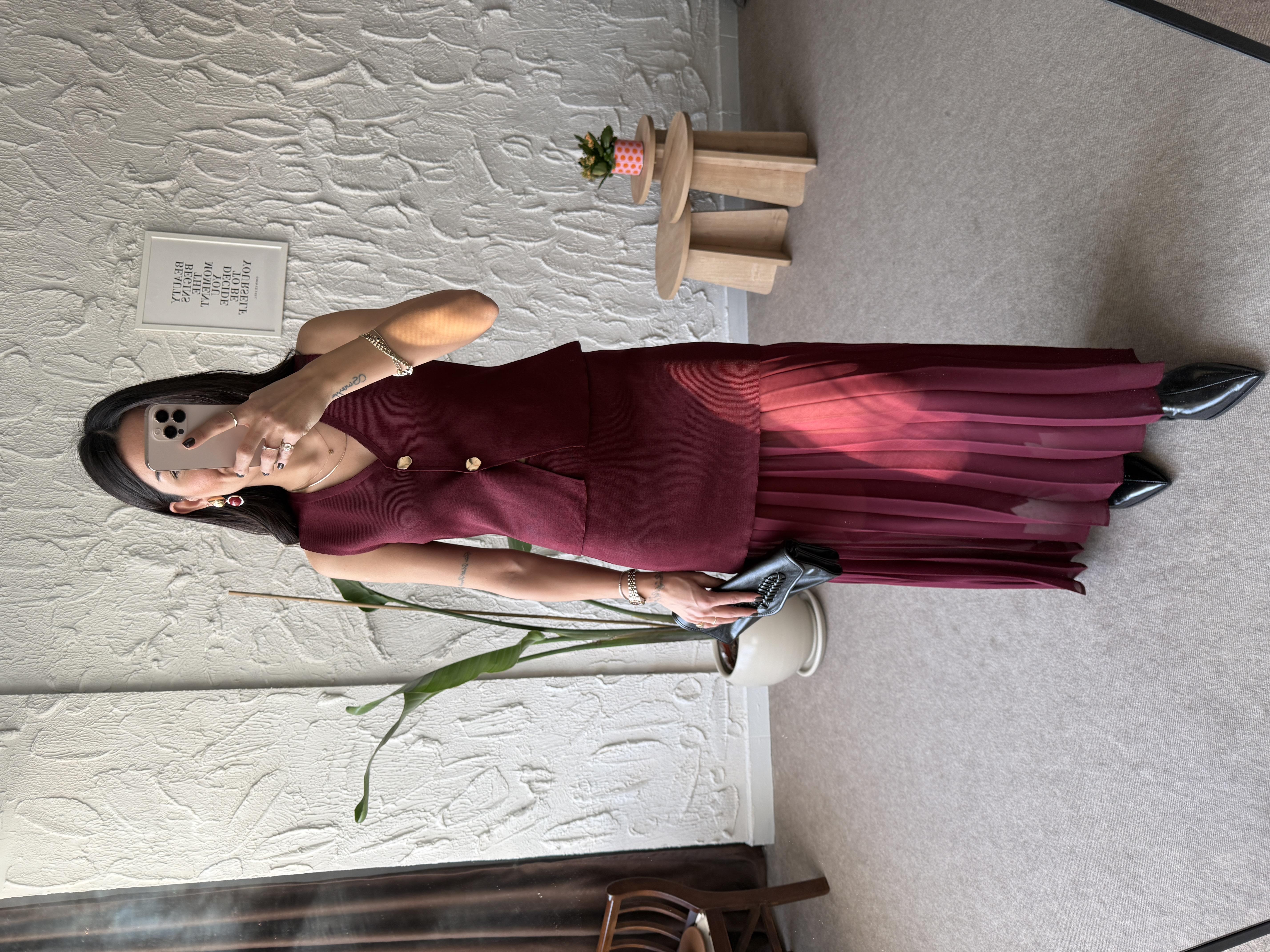 Kontrast Pilili Triko Etek Yelek Takım - Bordo