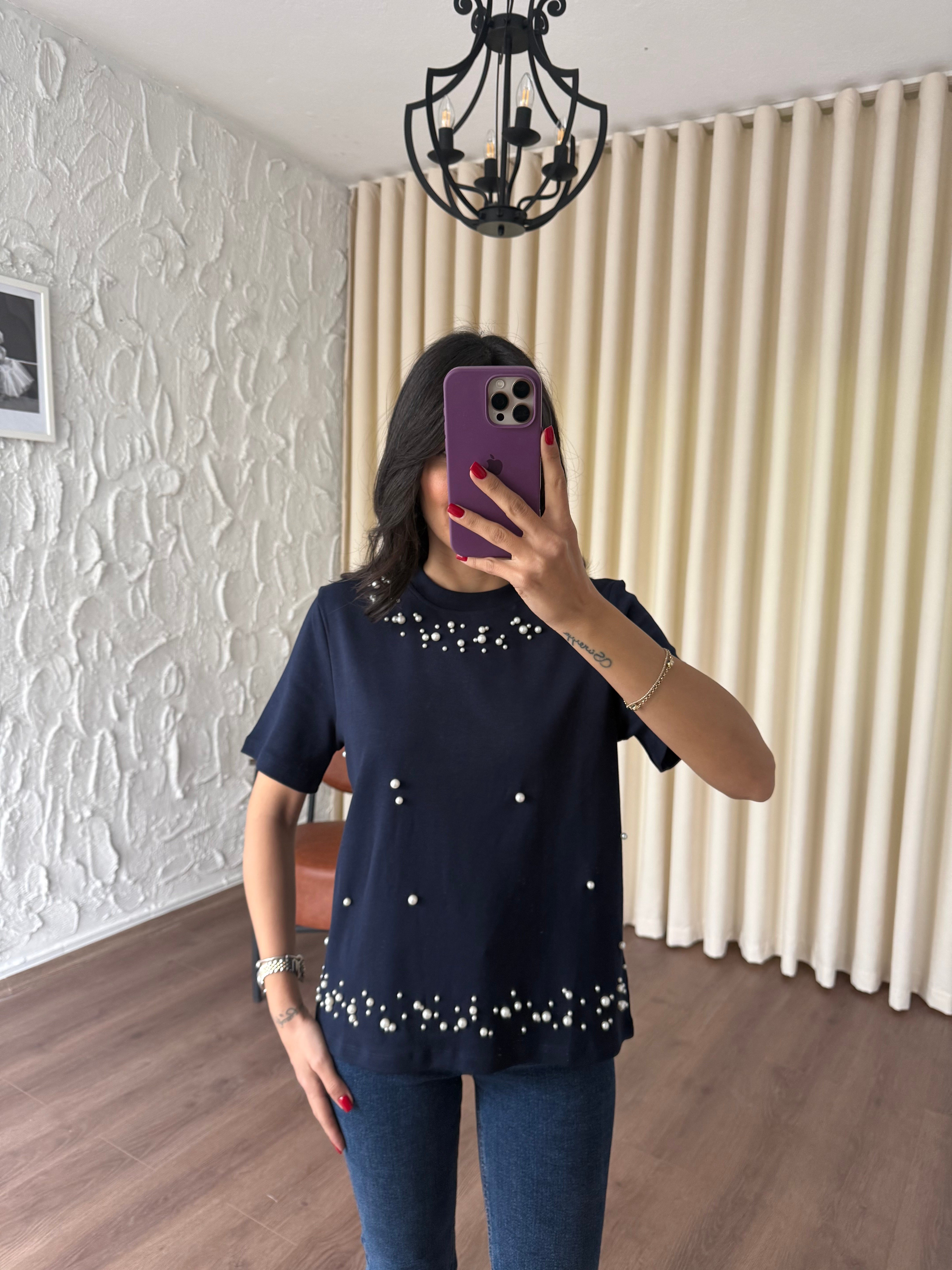 Lacivert İncili Tshirt