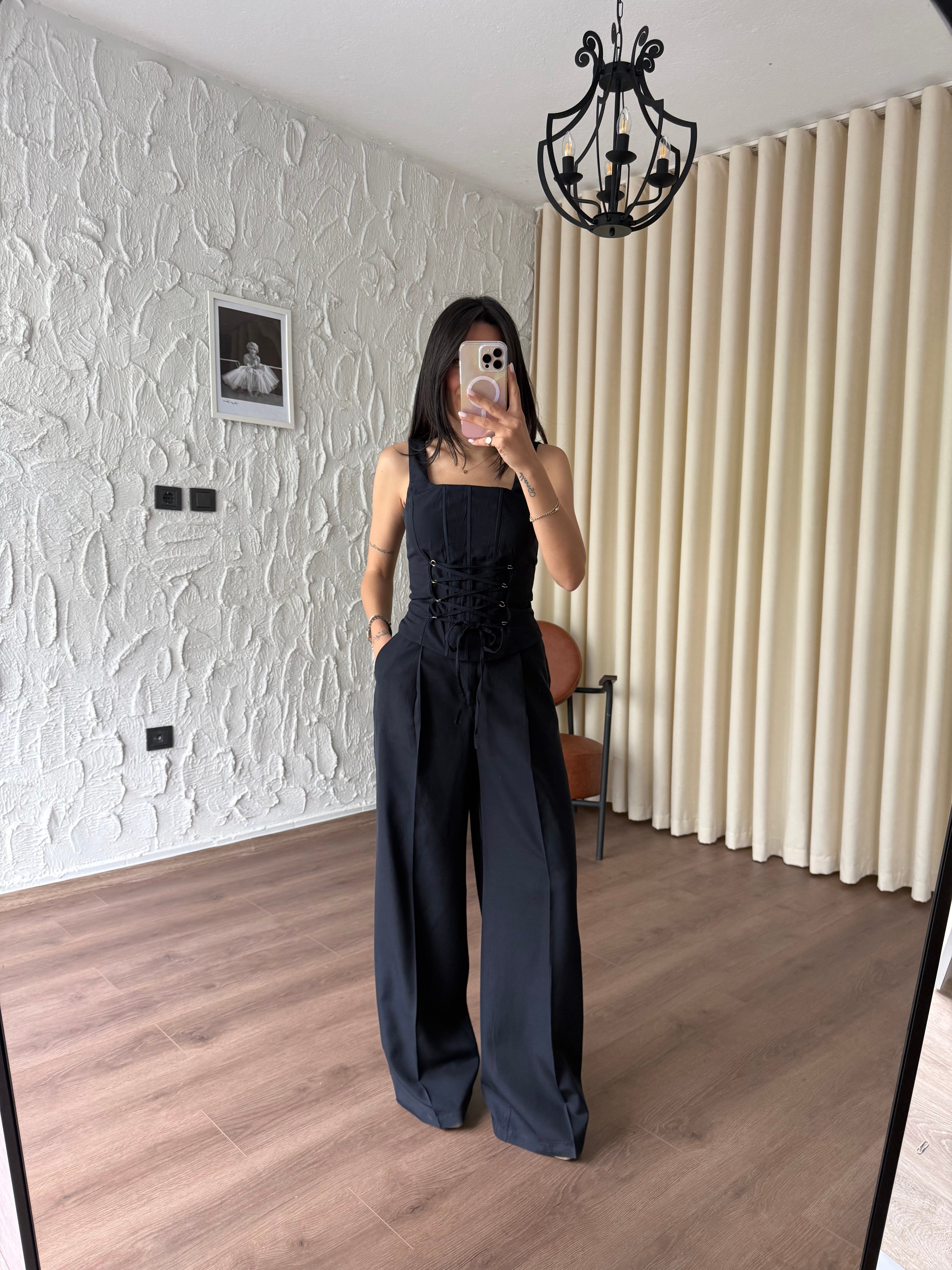 Lacivert Önden Bağlamalı Korse Bluz Pantolon Takım 