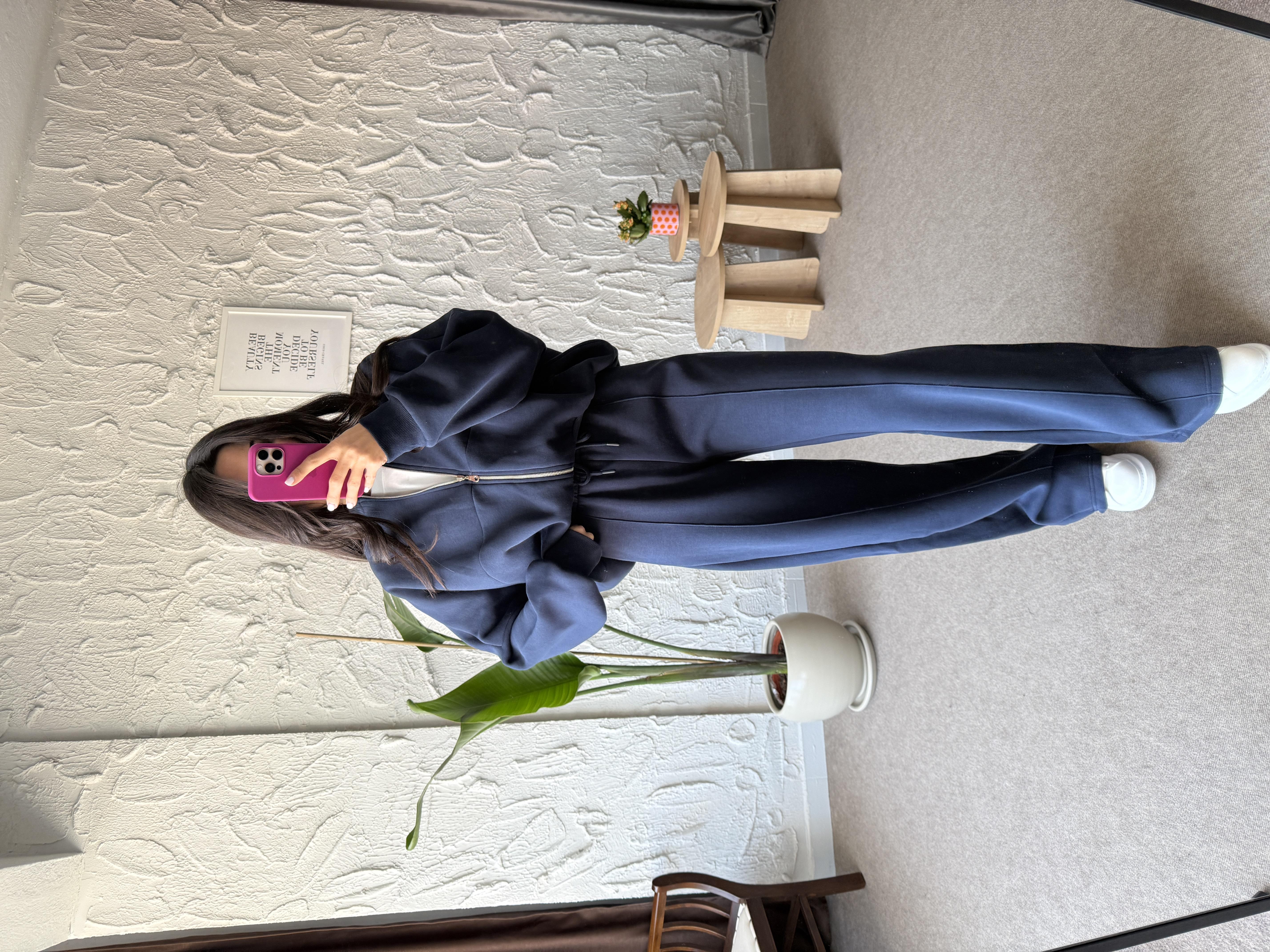 Lacivert Önü Dikiş Detaylı Fermuarlı Eşofman Takımı