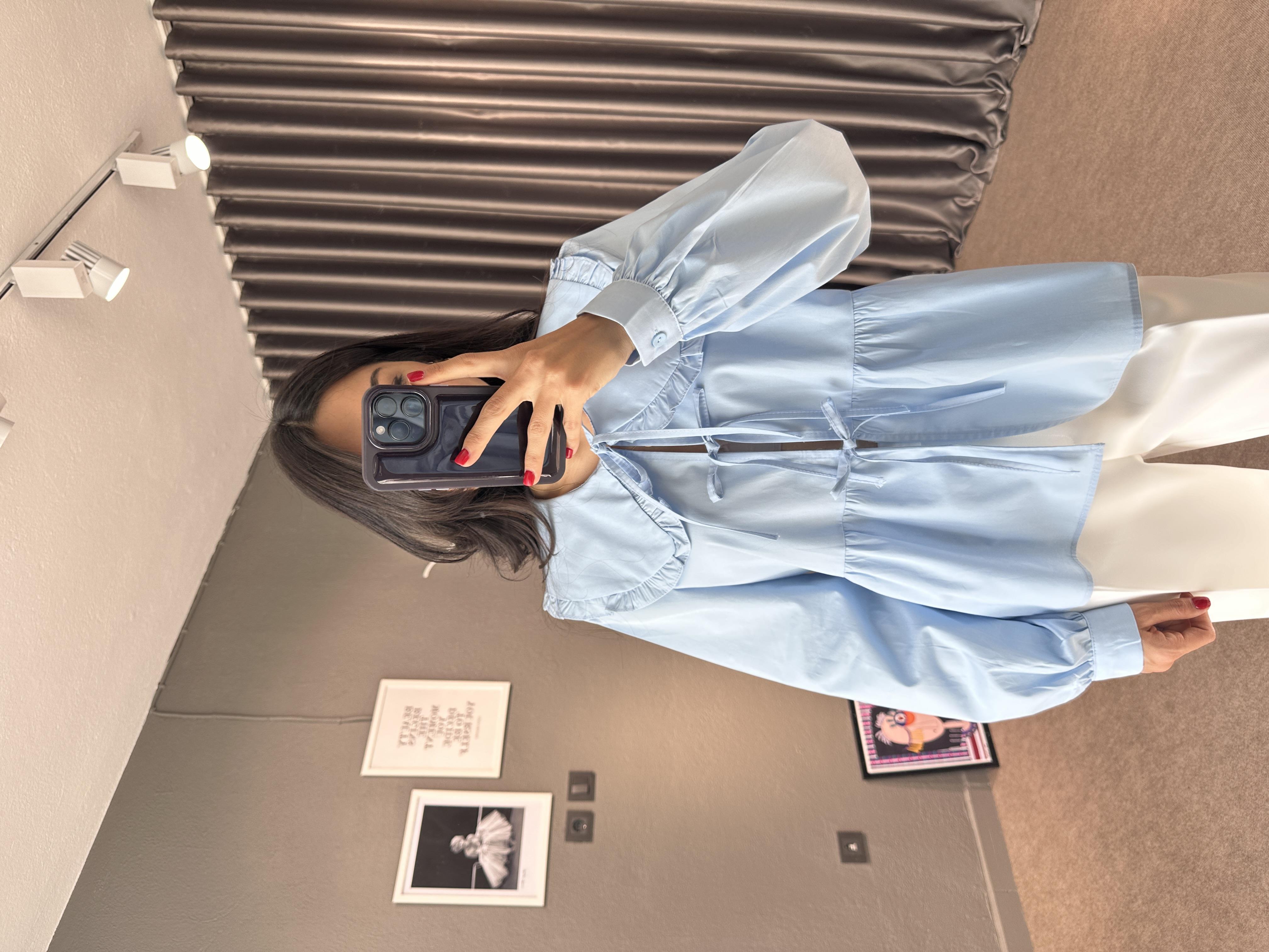 Mavi Bebe Yaka Bağlamalı Poplin Gömlek