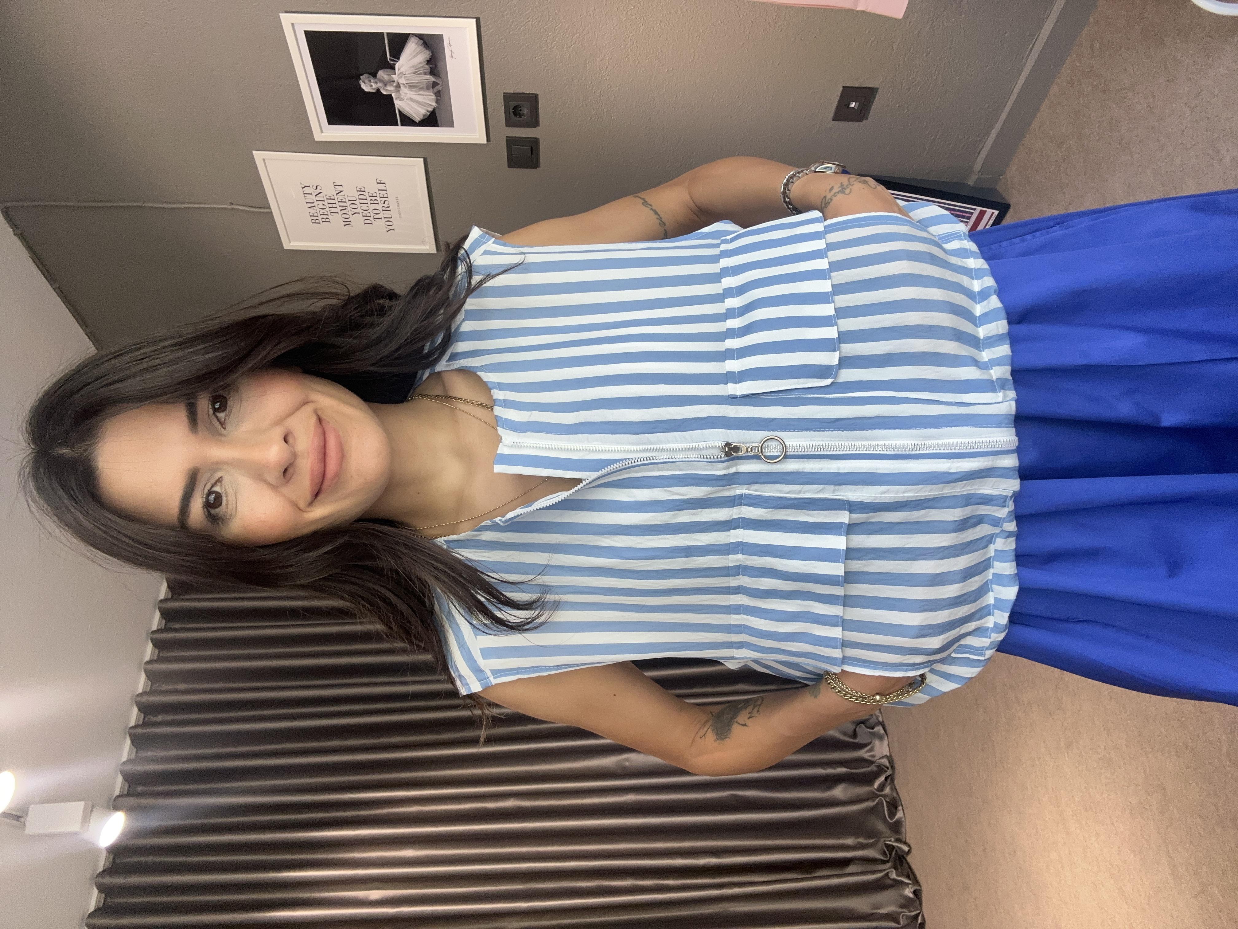 Mavi-Beyaz Çizgili Oversize Yelek