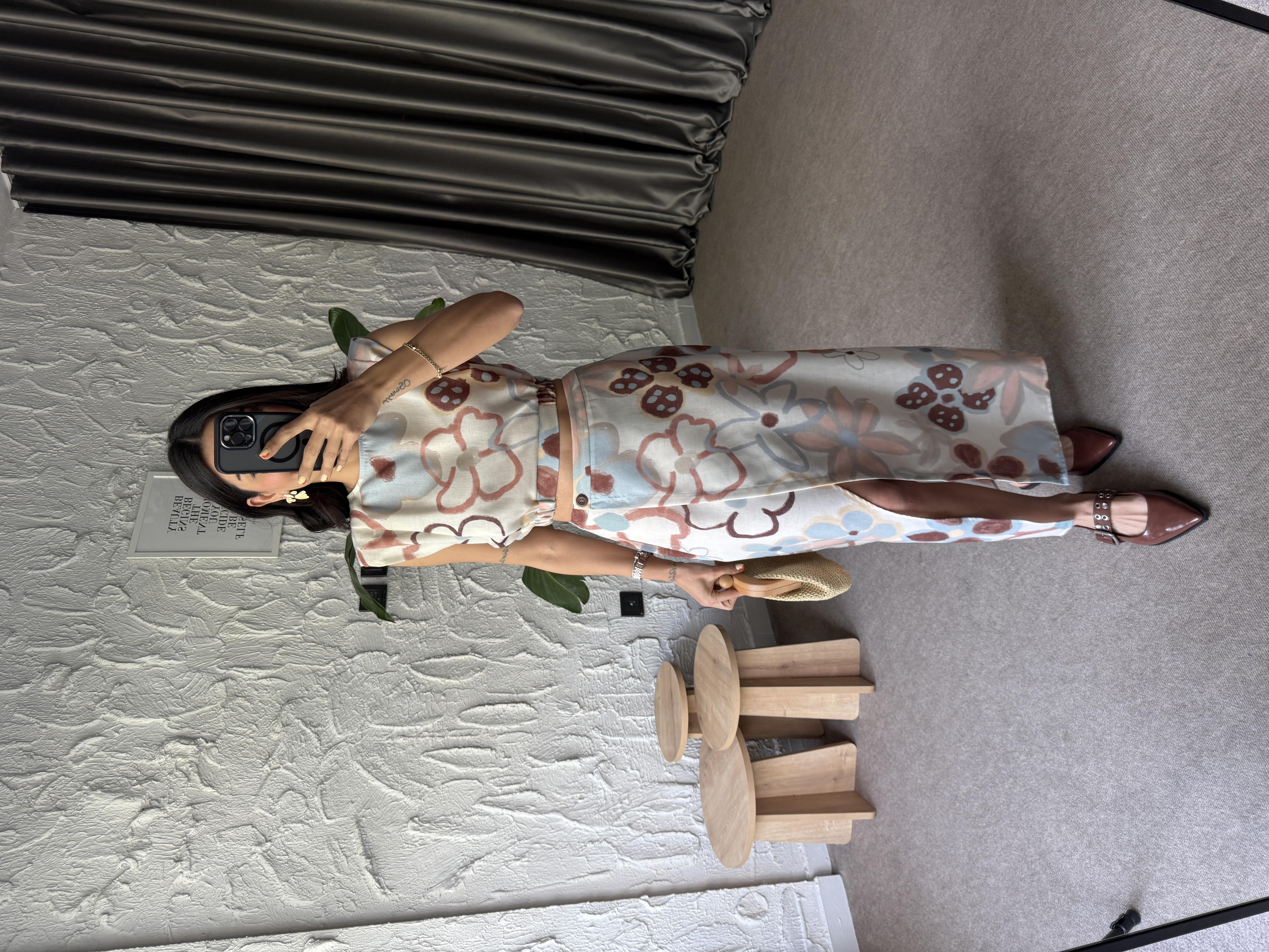 Nature Çiçek Desenli Yırtmaçlı Etek