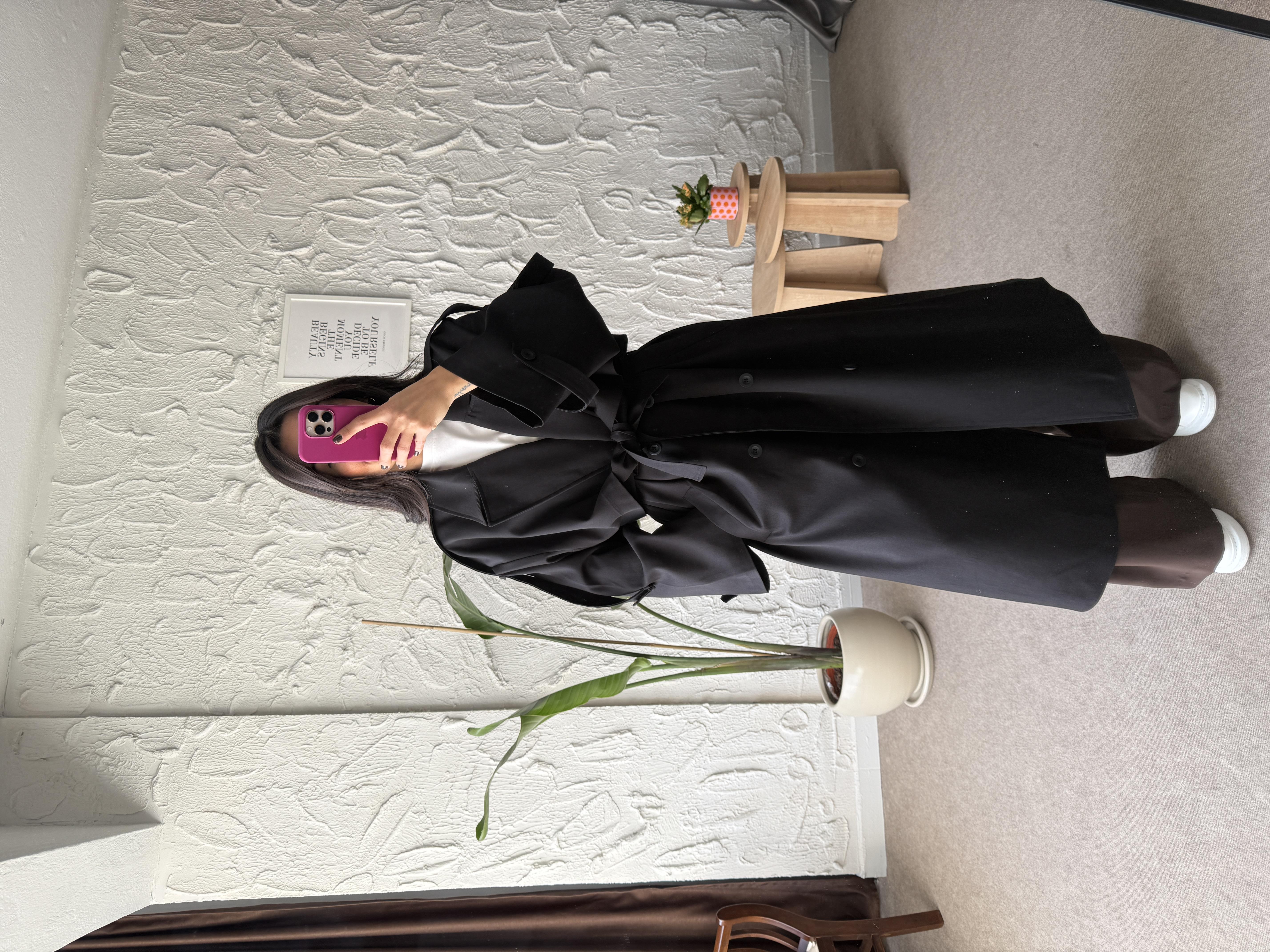 Omuz Manşetli Maxi Boy Siyah Premium Trençkot