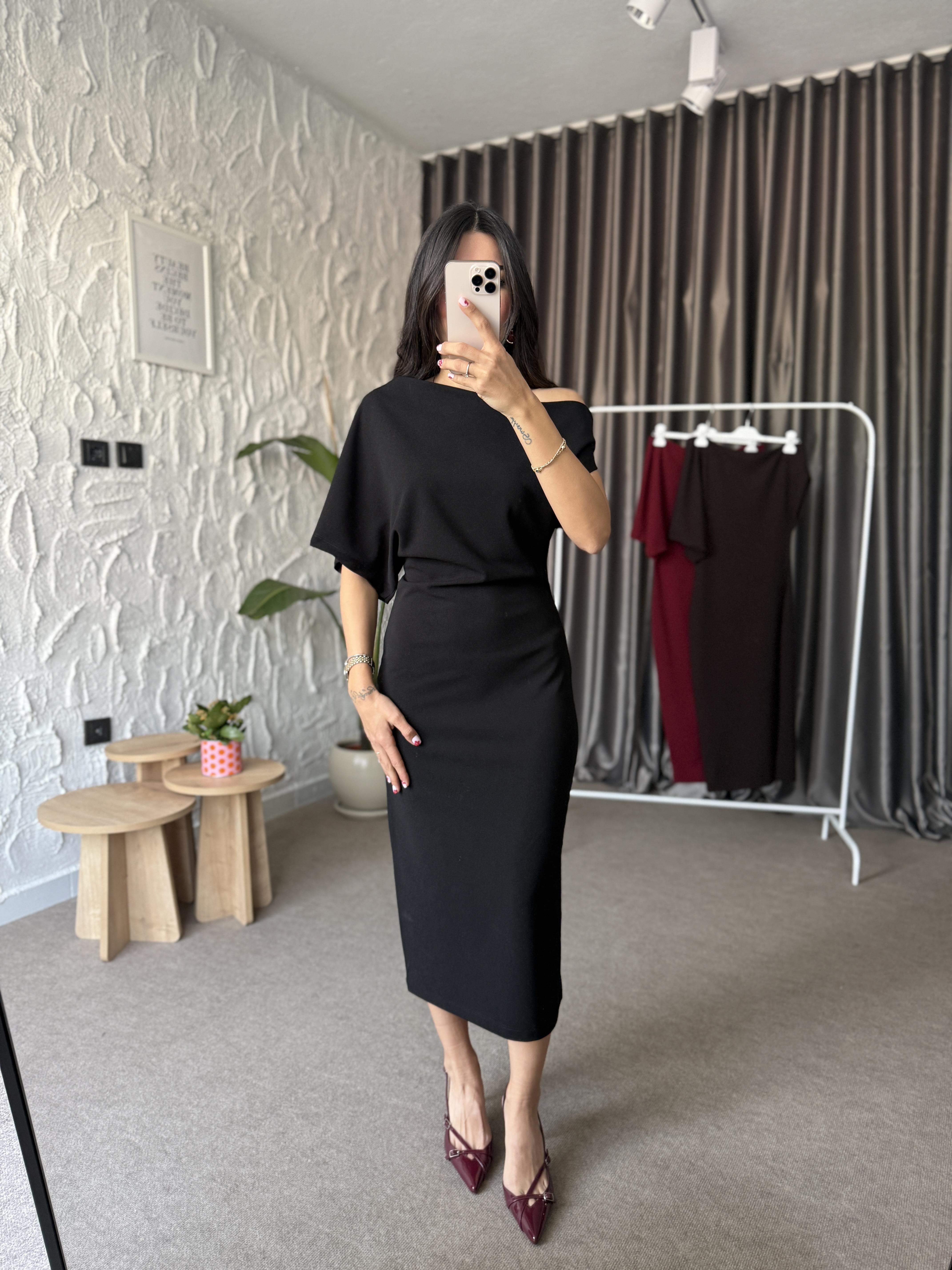 Omzu Açık Midi Elbise - Siyah 