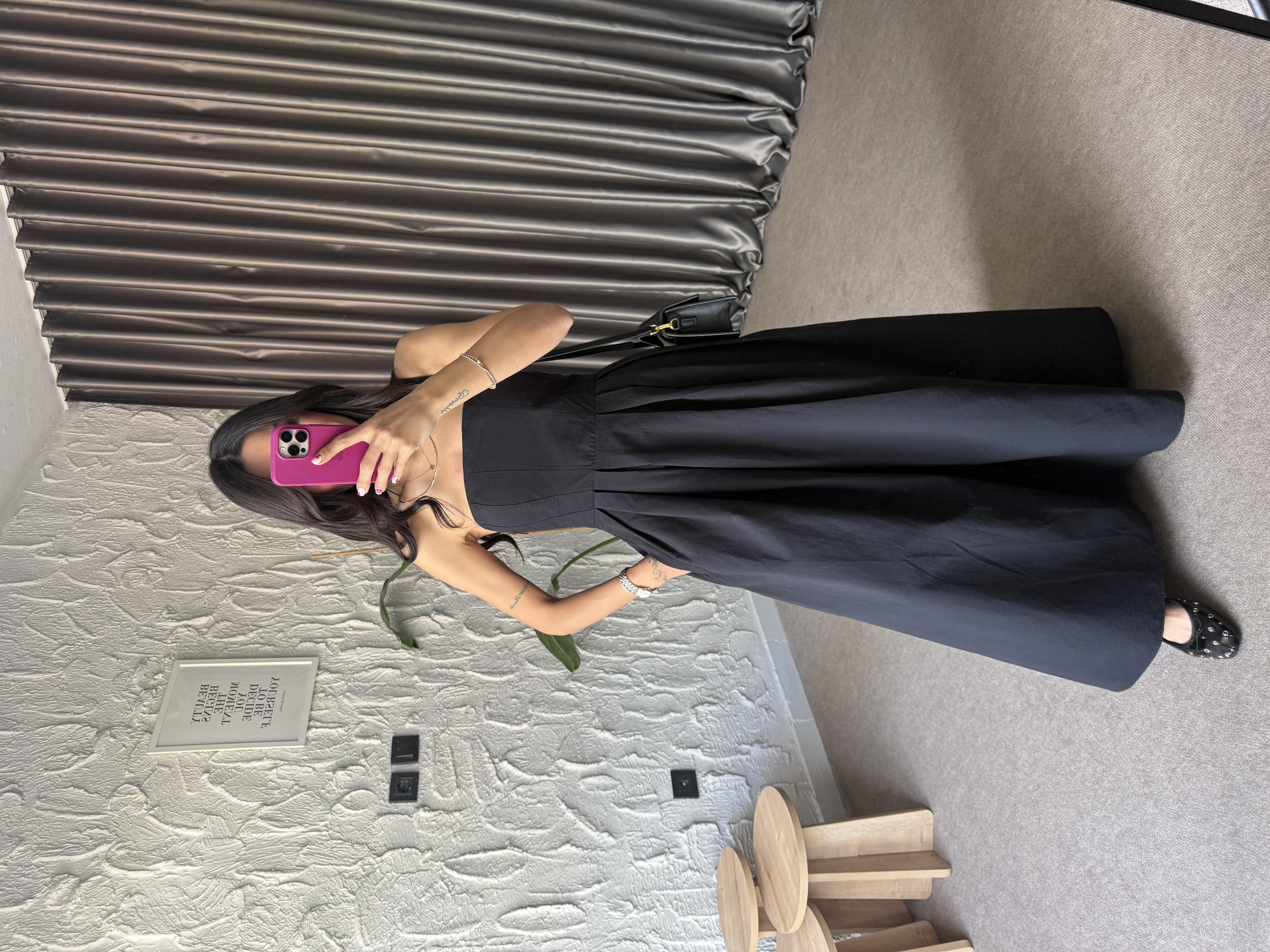 Paraşüt Kumaş Straplez Gipeli Midi Elbise - Siyah