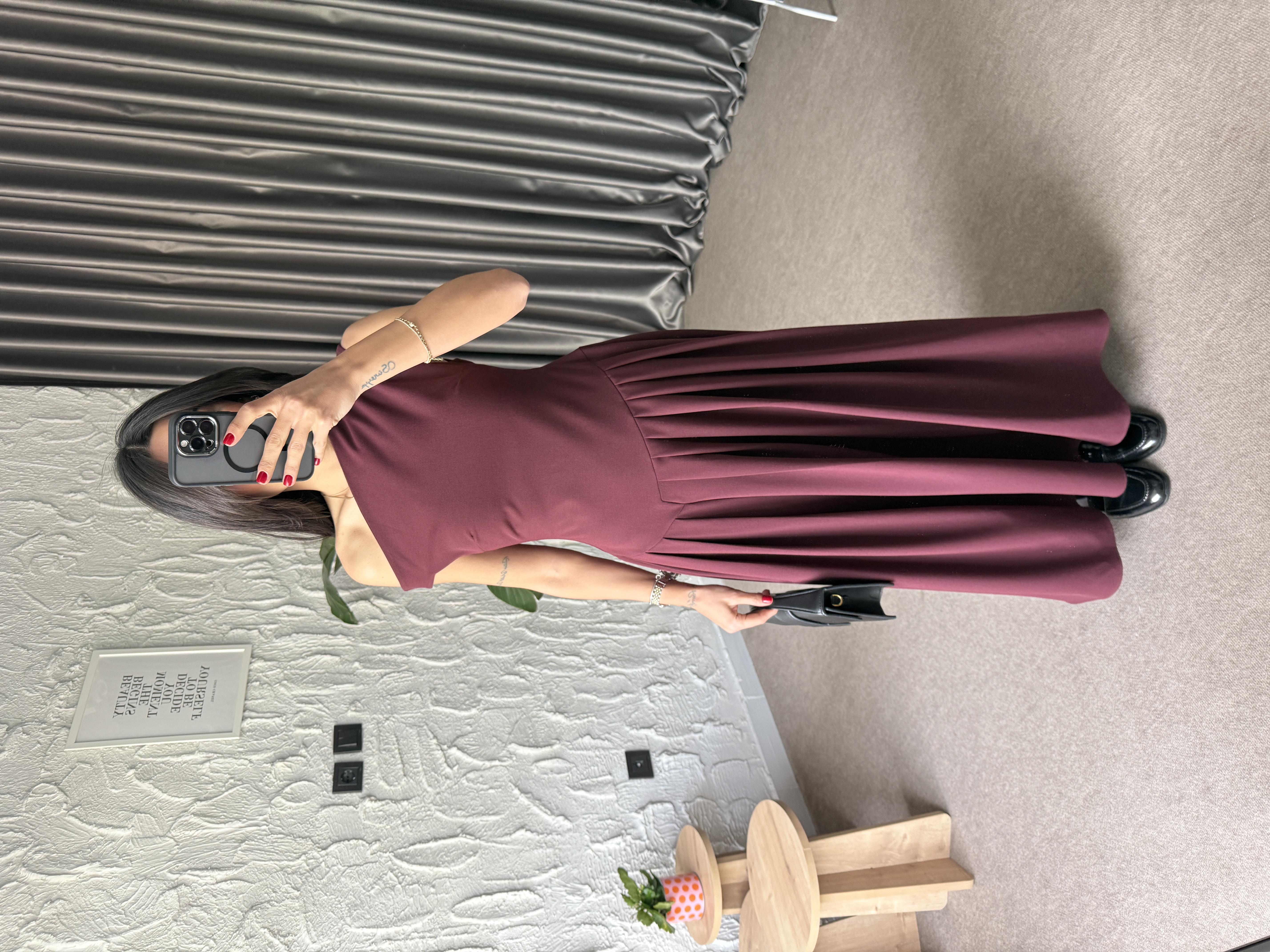 Paris Kayık Yaka Pileli Etek Elbise - Bordo