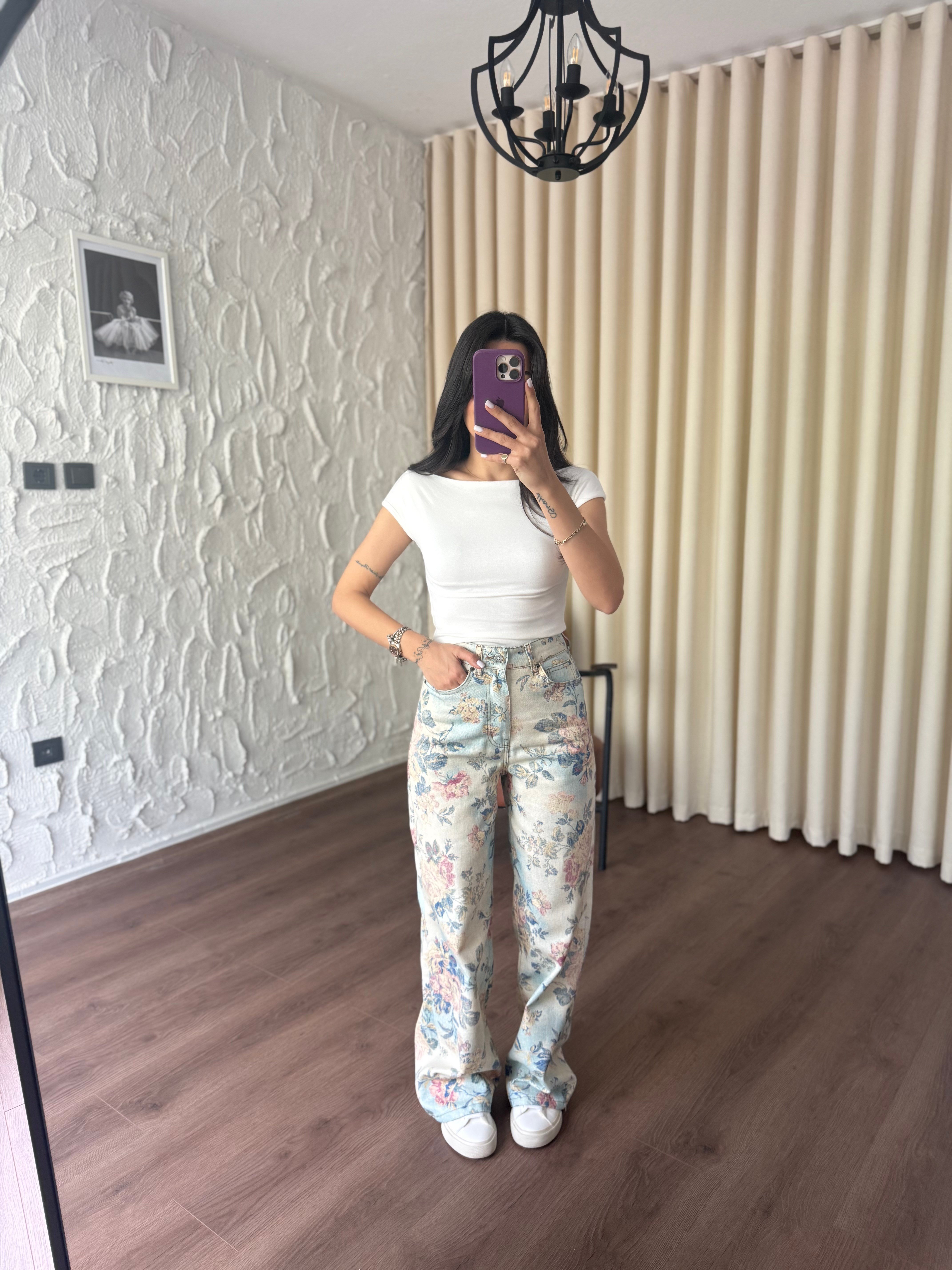 Rose Desenli Mavi Jean Pantolon