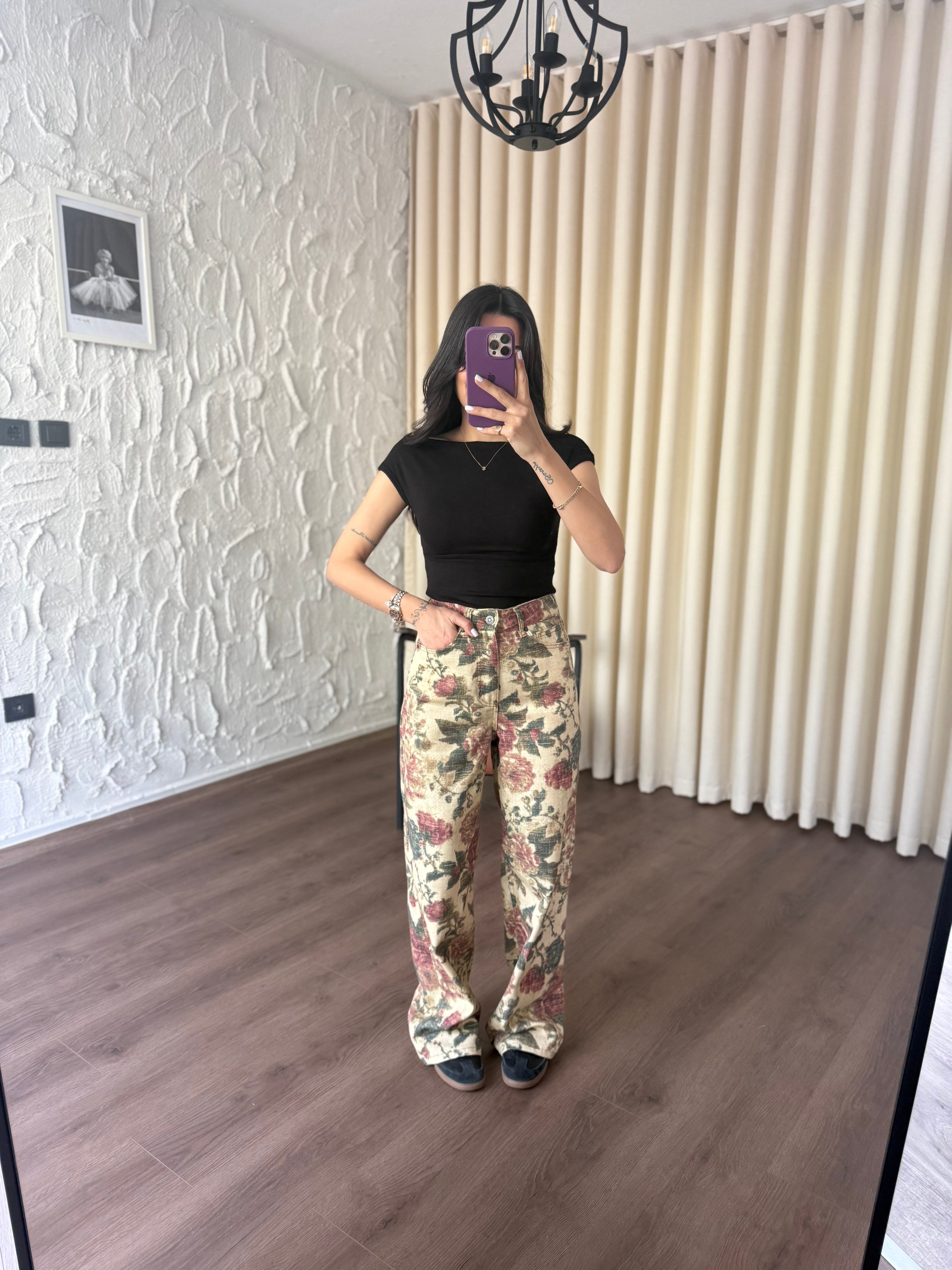 Rose Desenli Sarı Jean Pantolon