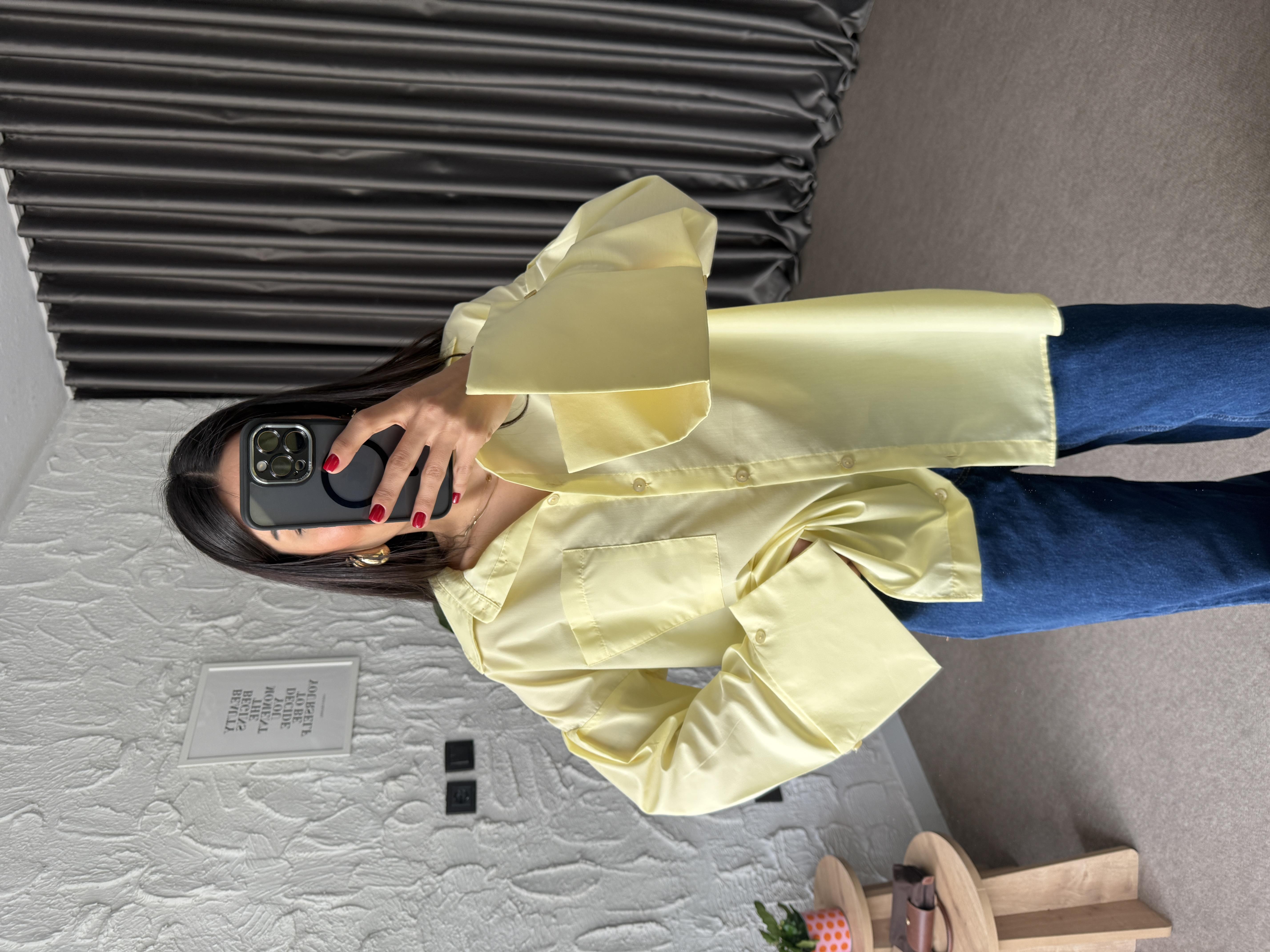 Sarı Kalın Kol Manşetli Poplin Oversize Gömlek