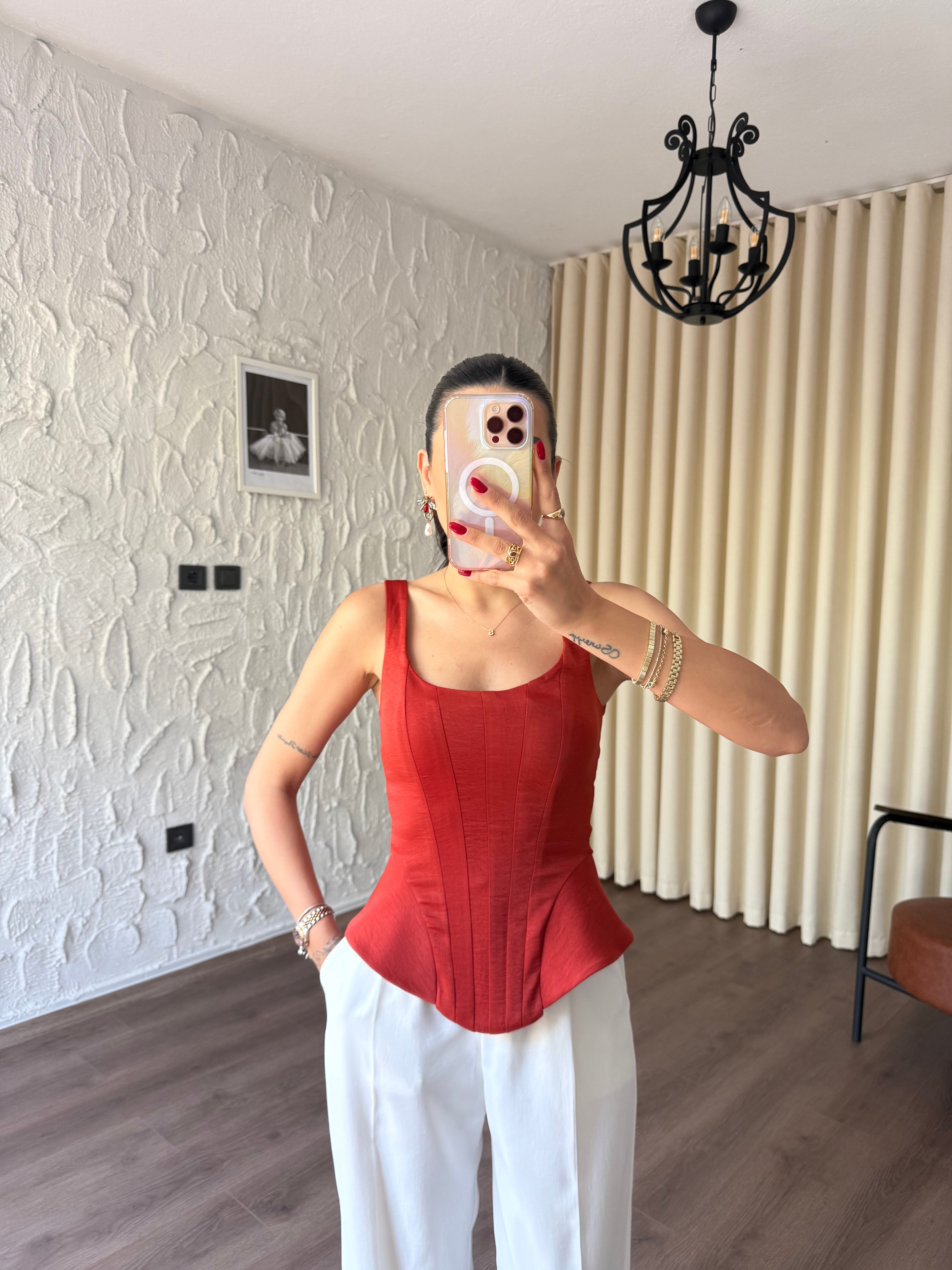 Saten Parçalı Kiremit Büstiyer