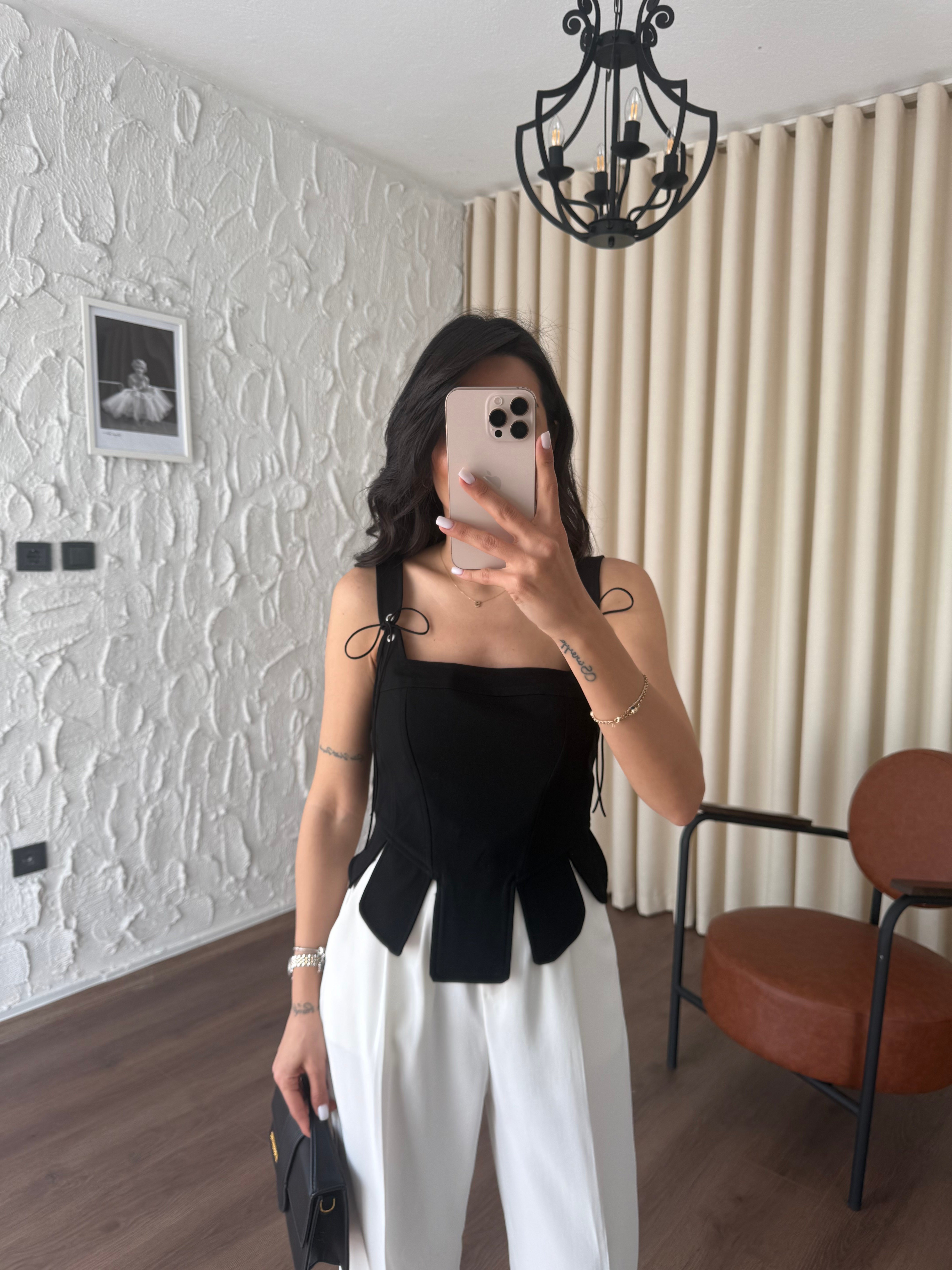 Süet İp Detaylı Korse Bluz- Siyah