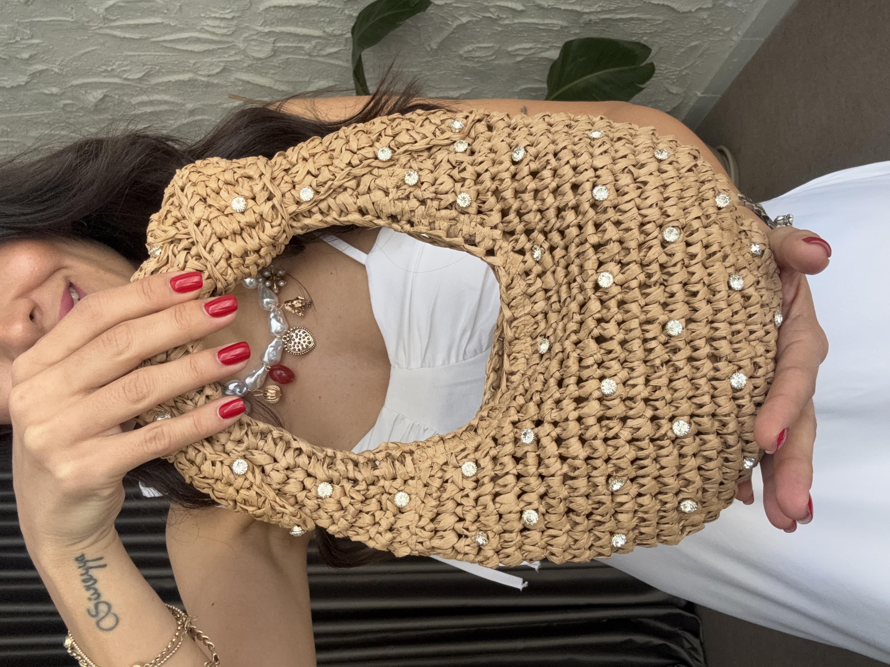 Taşlı Mini Hasır Çanta - Camel