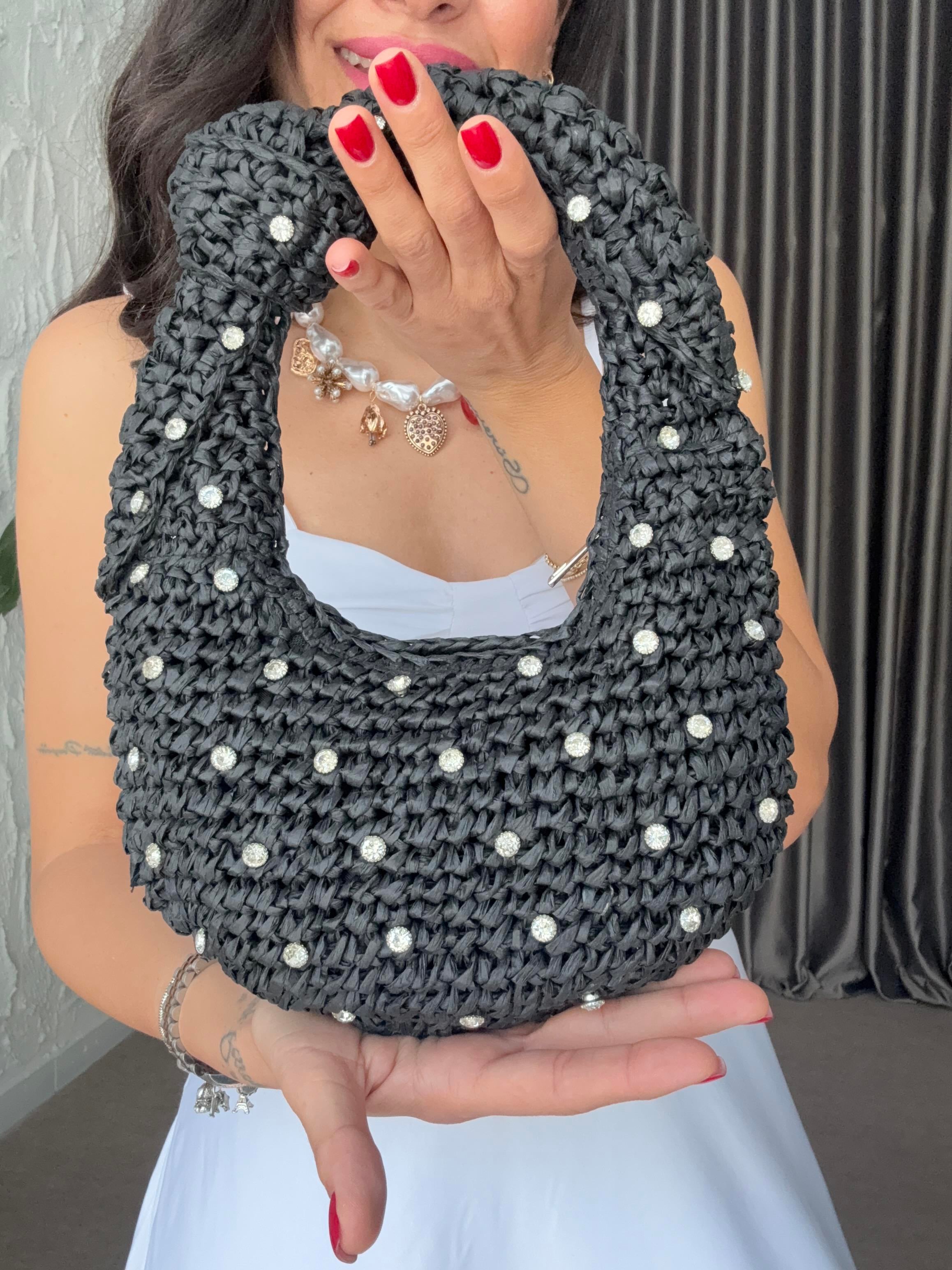 Taşlı Mini Hasır Çanta - Siyah