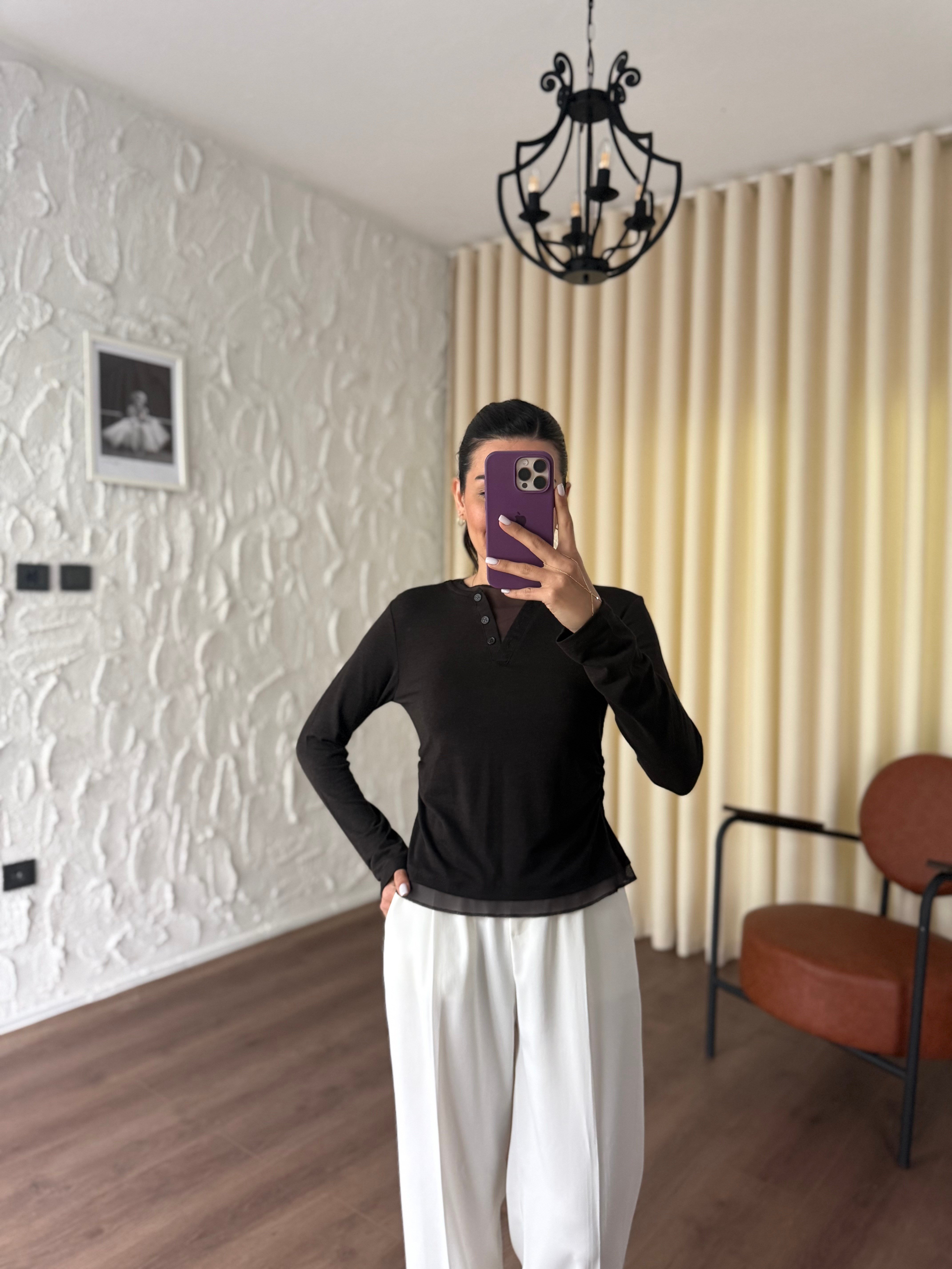 Tül Garnili Örme Kahve Bluz