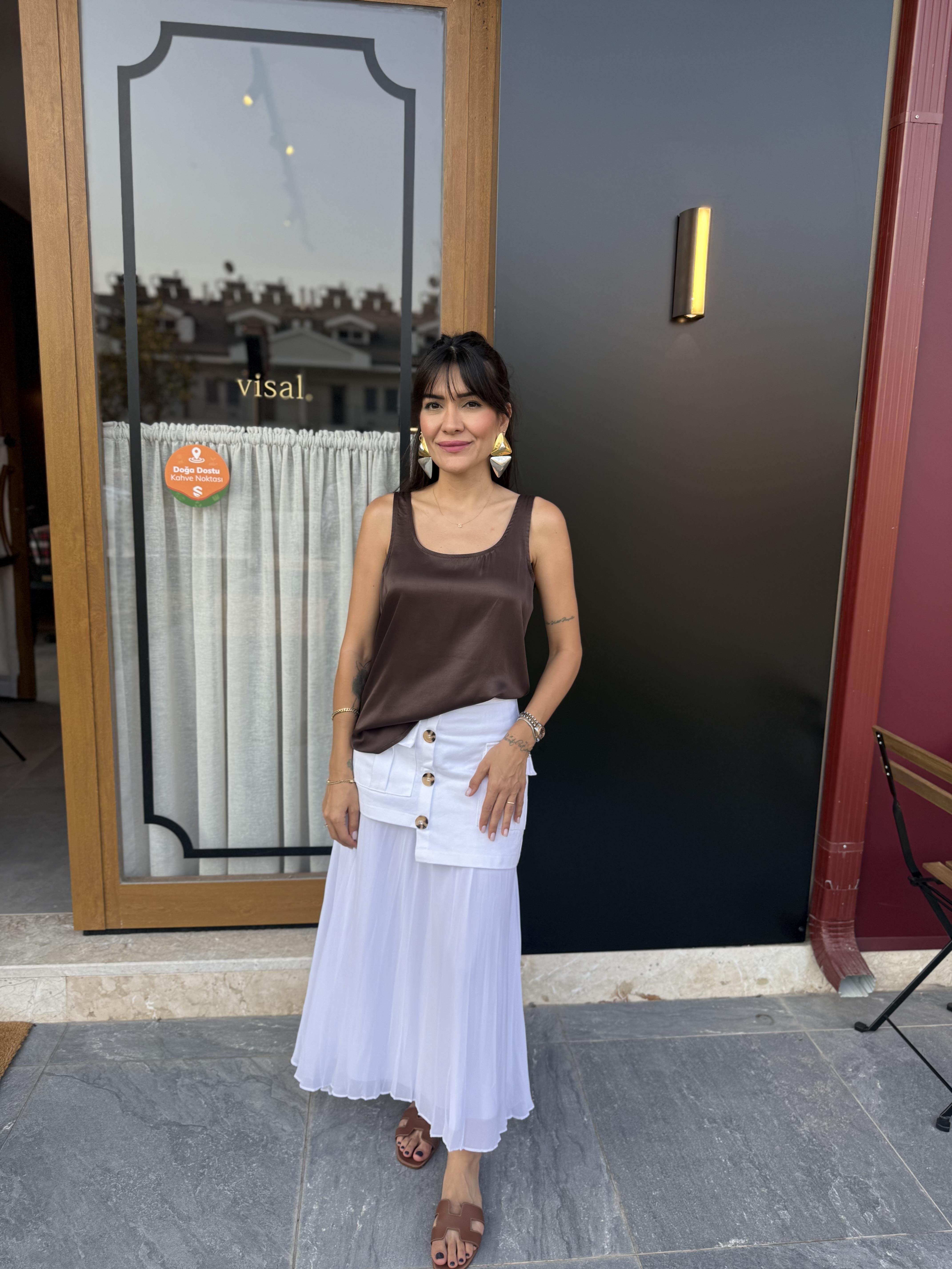 Tül Piliseli Gabardin Ekru Etek 