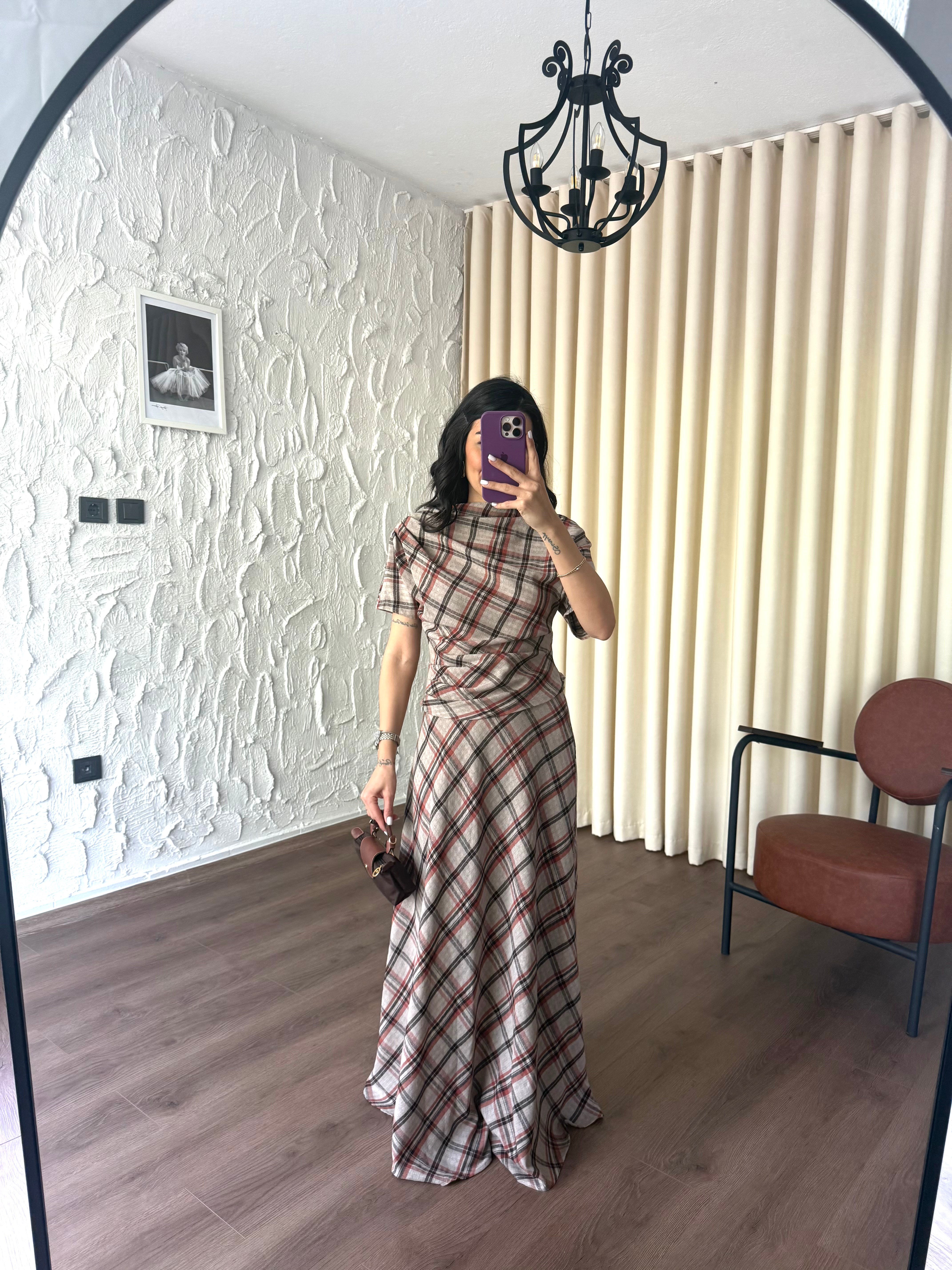 Turuncu Ekoseli Bluz Etek Takım