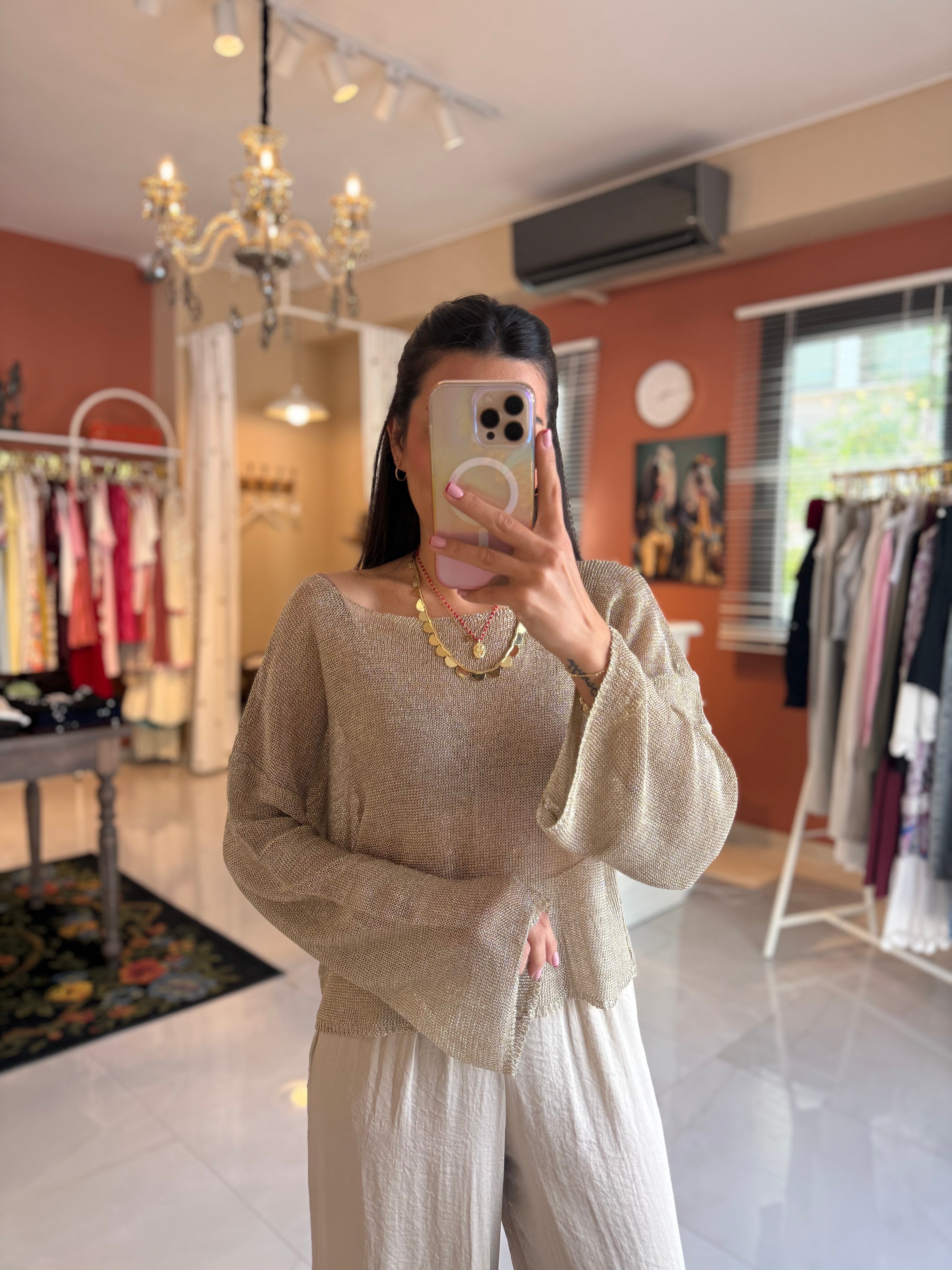 Uzun Kollu Metalik İplik Gold Bluz