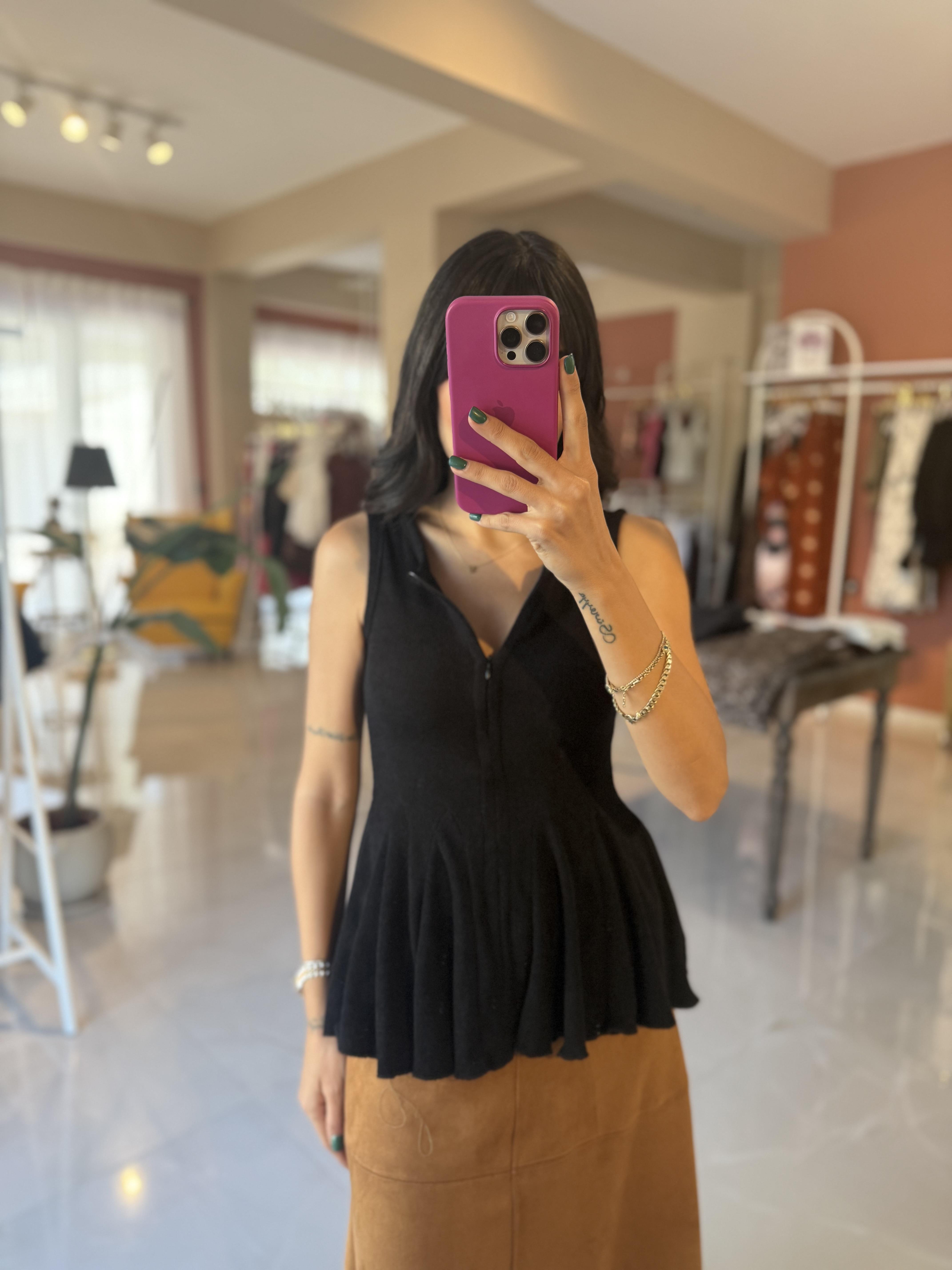 Volanlı Fermuar Detaylı Triko Bluz - Siyah