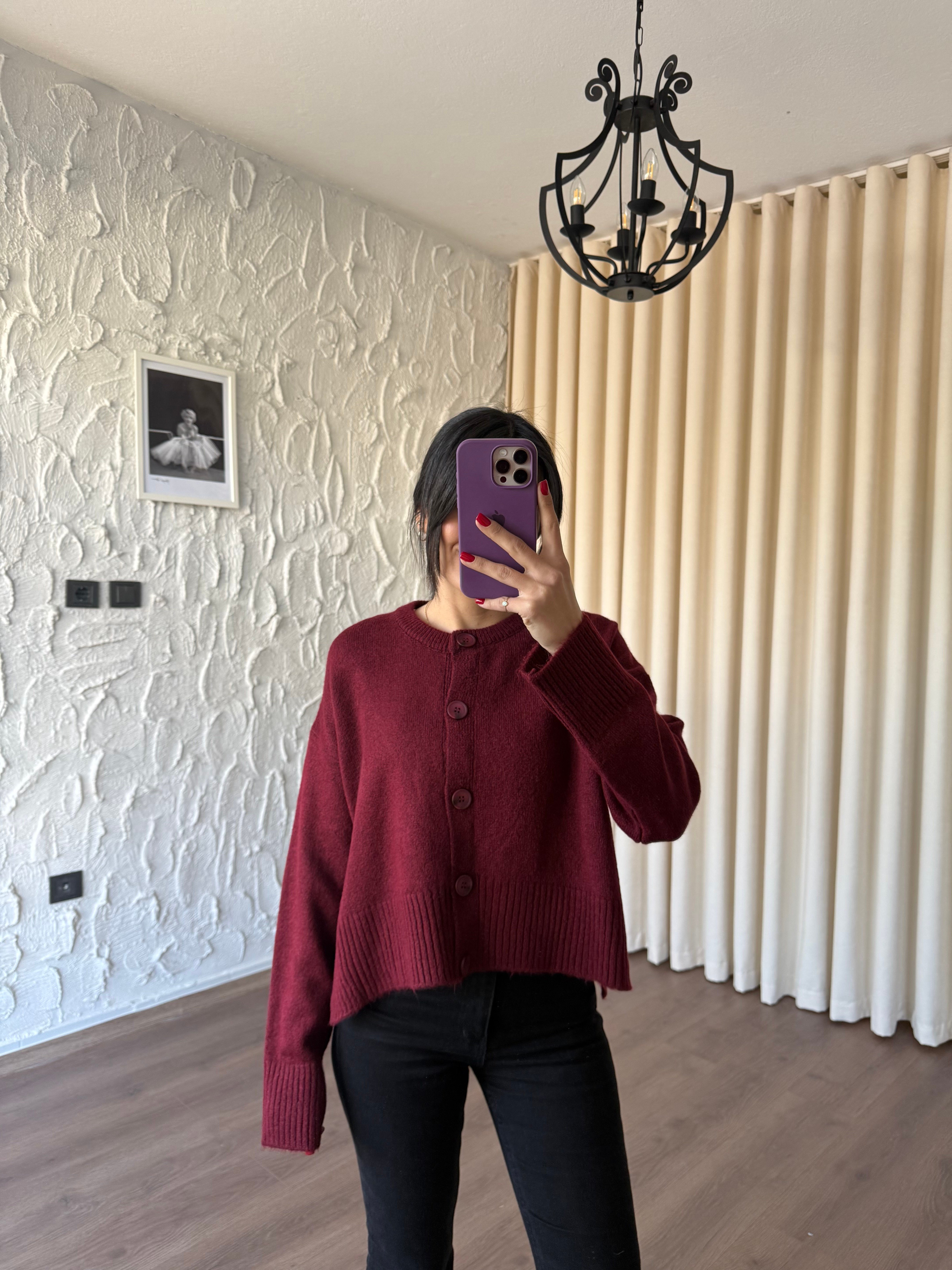 Yandan Yırtmaçlı Bordo Hırka