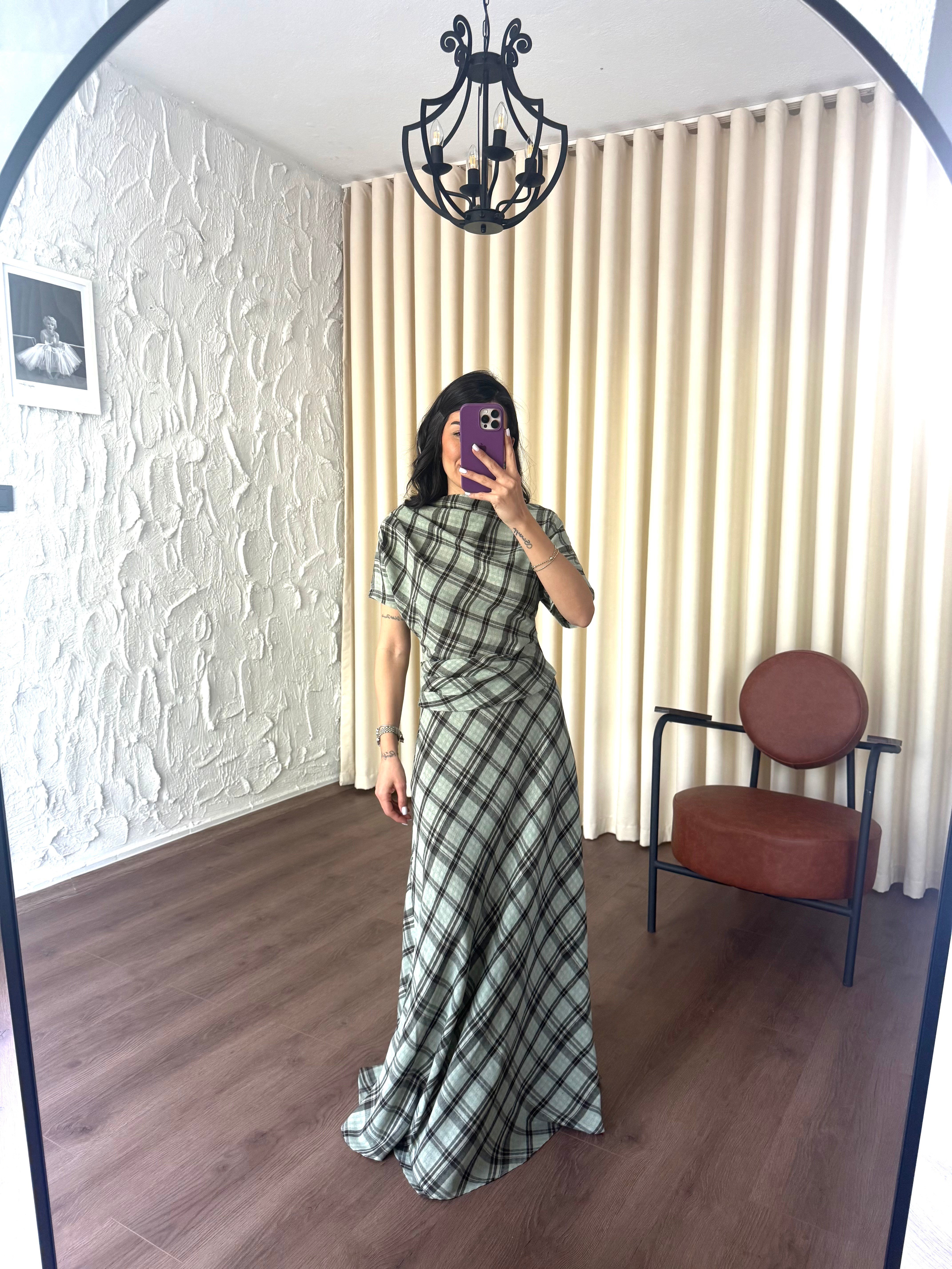 Yeşil Ekoseli Bluz Etek Takım