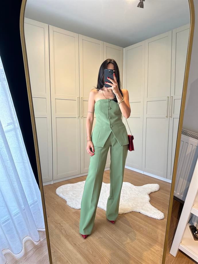 Yeşil Straplez Bluz Pantolon Takım 