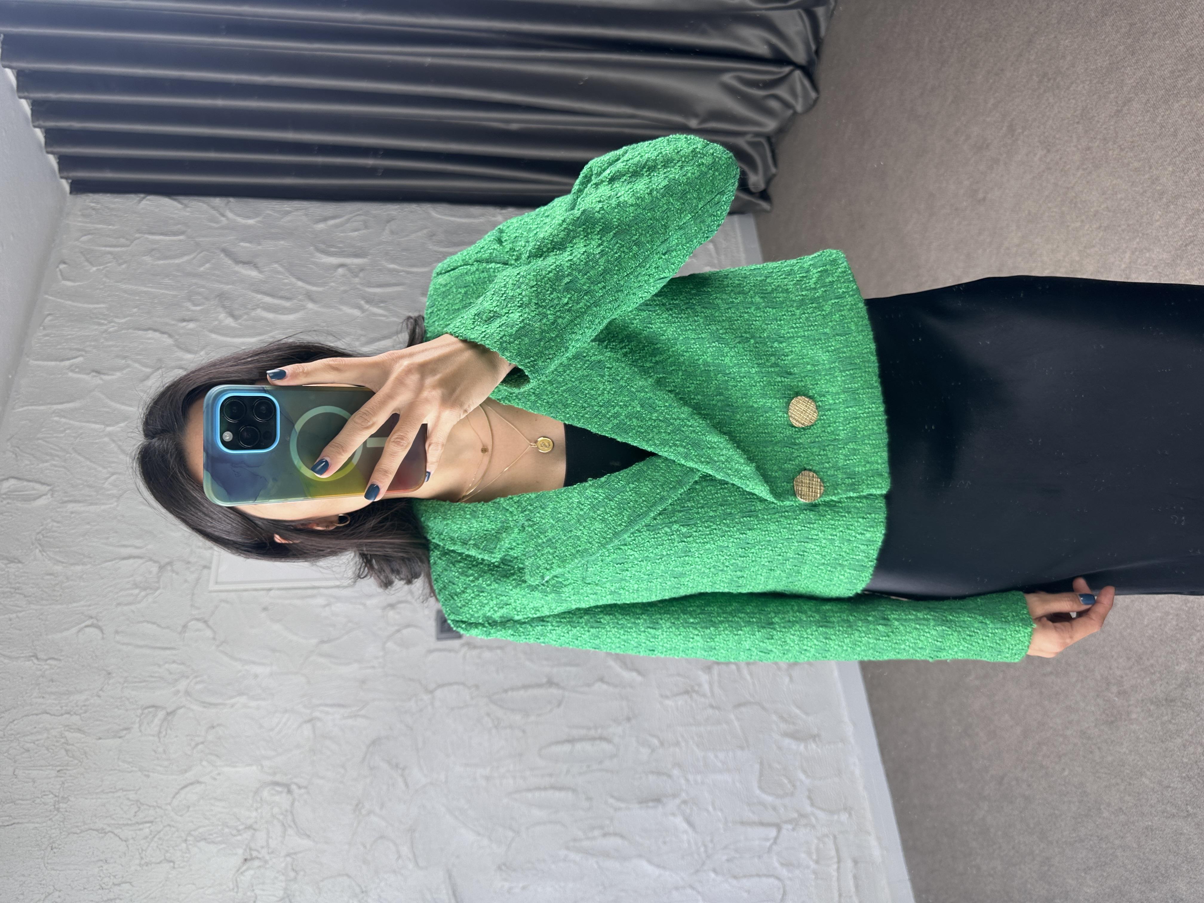Yeşil Tüvit Kısa Blazer Ceket 
