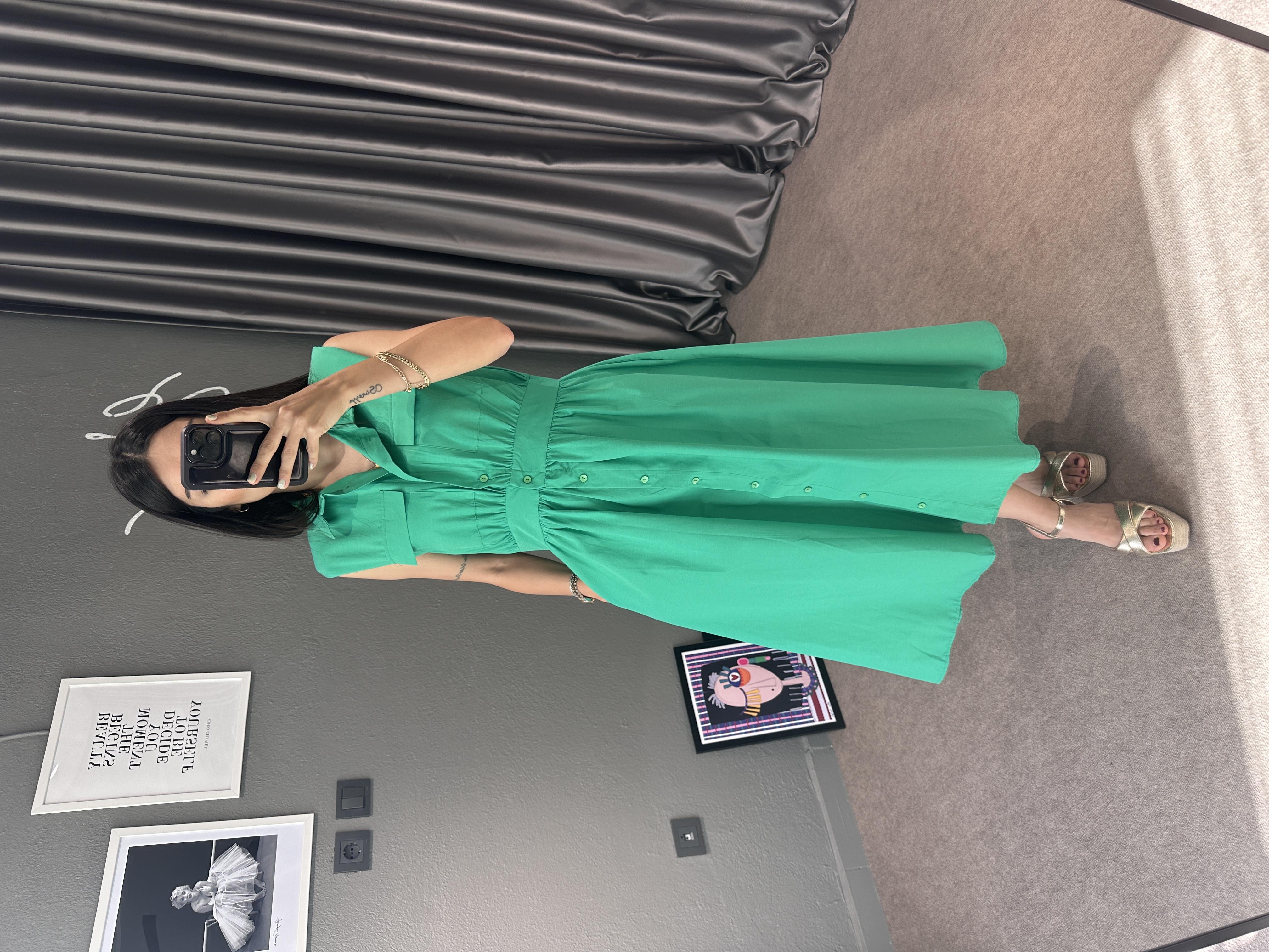 Yeşil Vatkalı Poplin Elbise