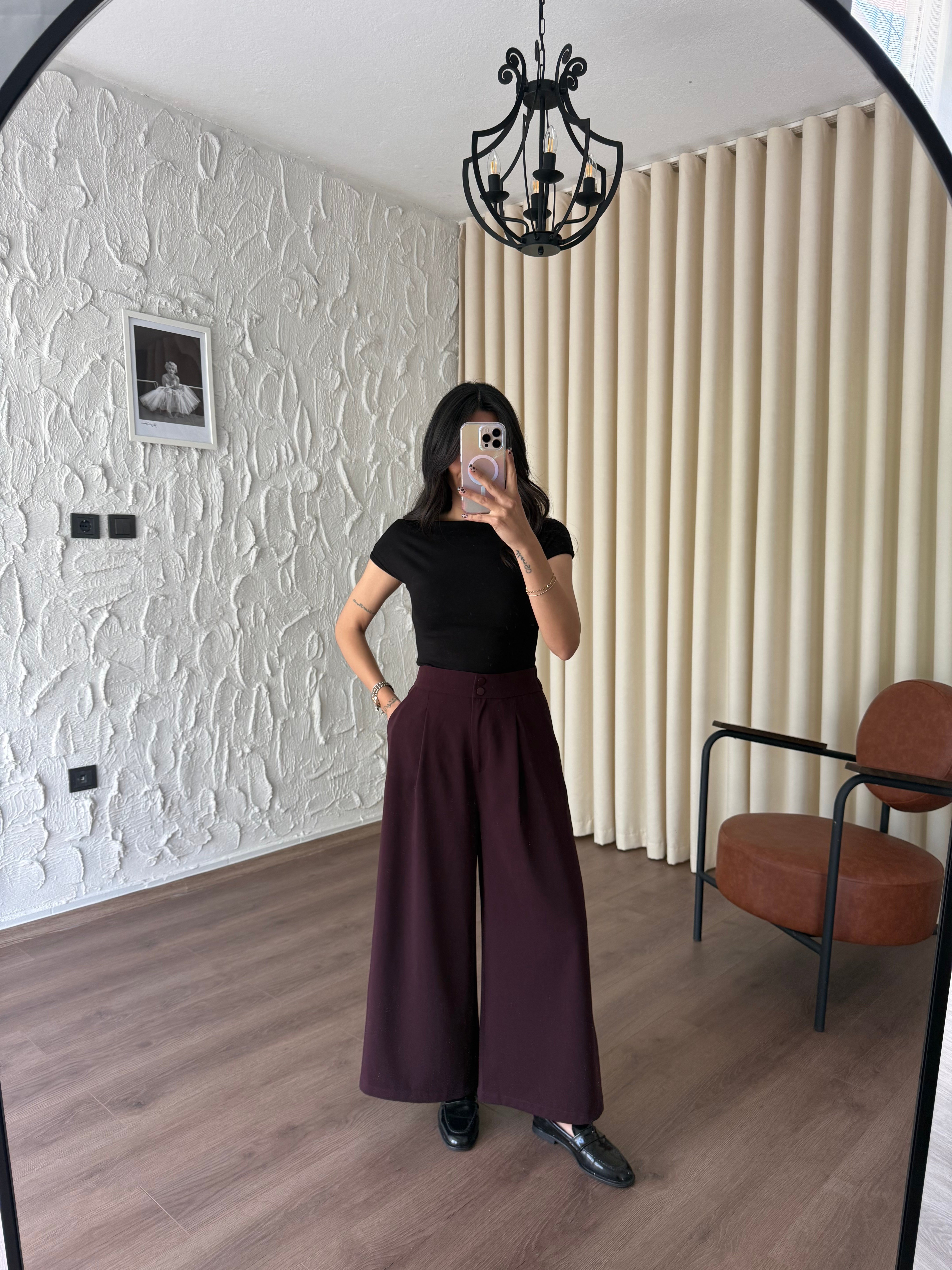 Yüksek Bel Pensli Geniş Paça Bordo Pantolon