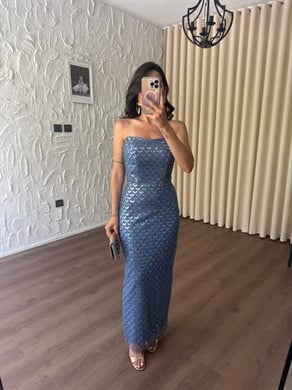 Artemis Straplez Payet ve Boncuklu Geometrik Abiye - İndigo