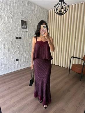 Dantel Detaylı Bordo Etekli Takım
