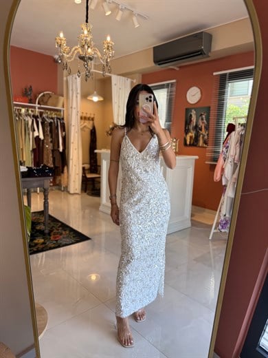Gümüş Beyaz Maxi Payetli Elbise