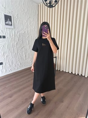 Leopar Nakışlı Siyah Midi Elbise