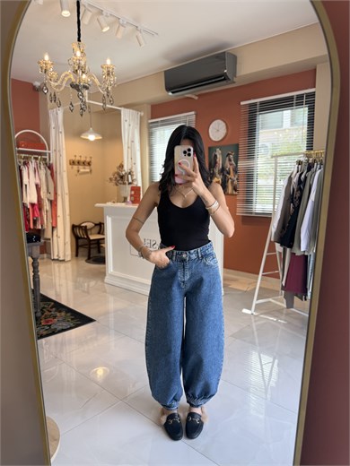 Mavi Paçası Düğmeli Balon Jean Pantolon