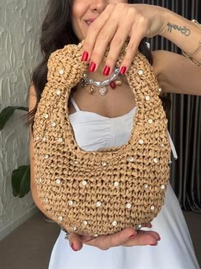 Taşlı Mini Hasır Çanta - Camel