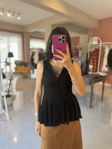 Volanlı Fermuar Detaylı Triko Bluz - Siyah