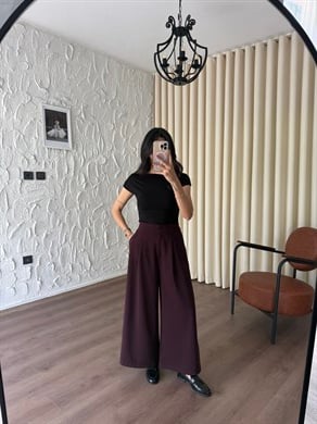 Yüksek Bel Pensli Geniş Paça Bordo Pantolon