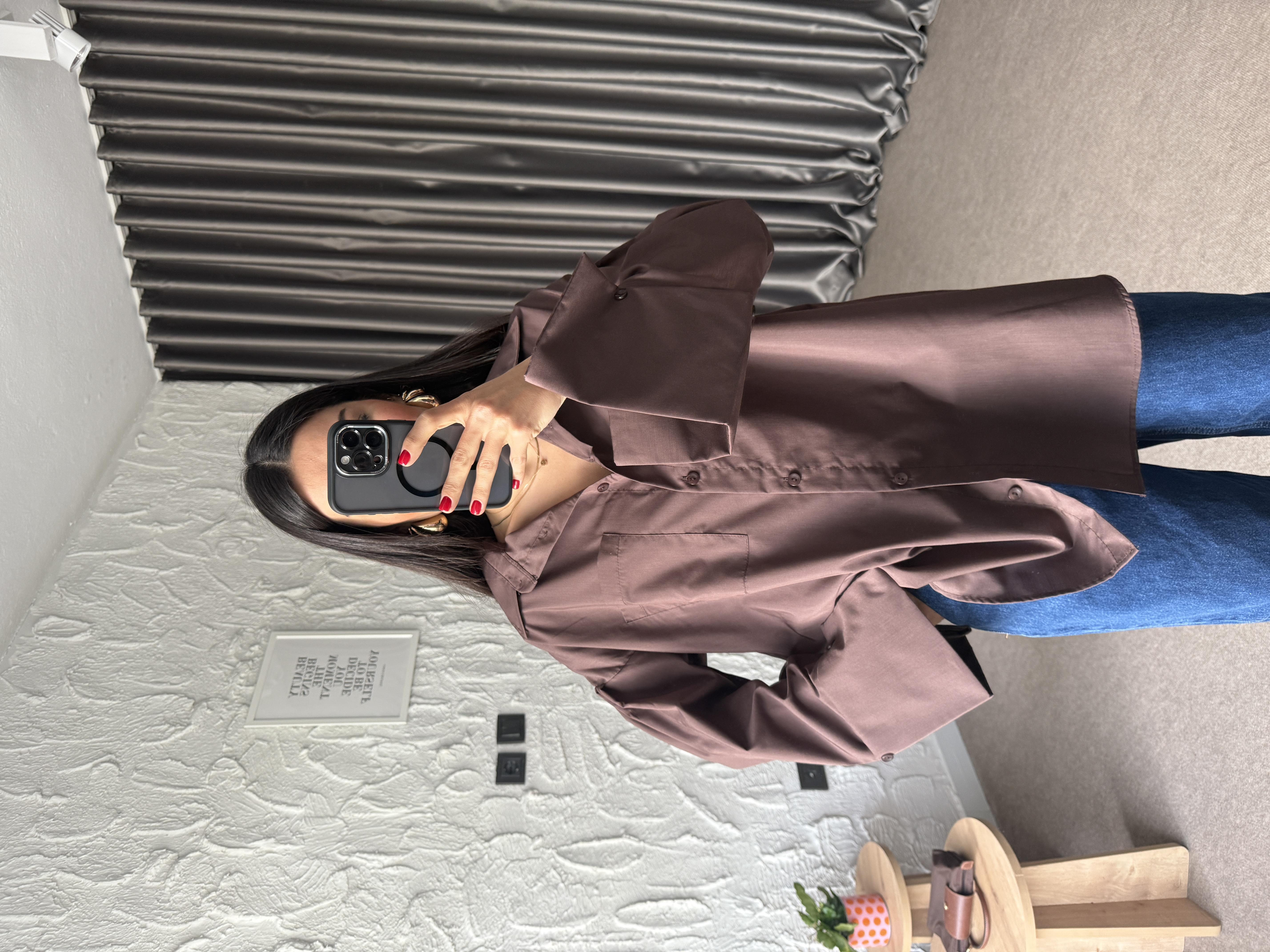 Acı Kahverengi Kalın Kol Manşetli Oversize Poplin Gömlek