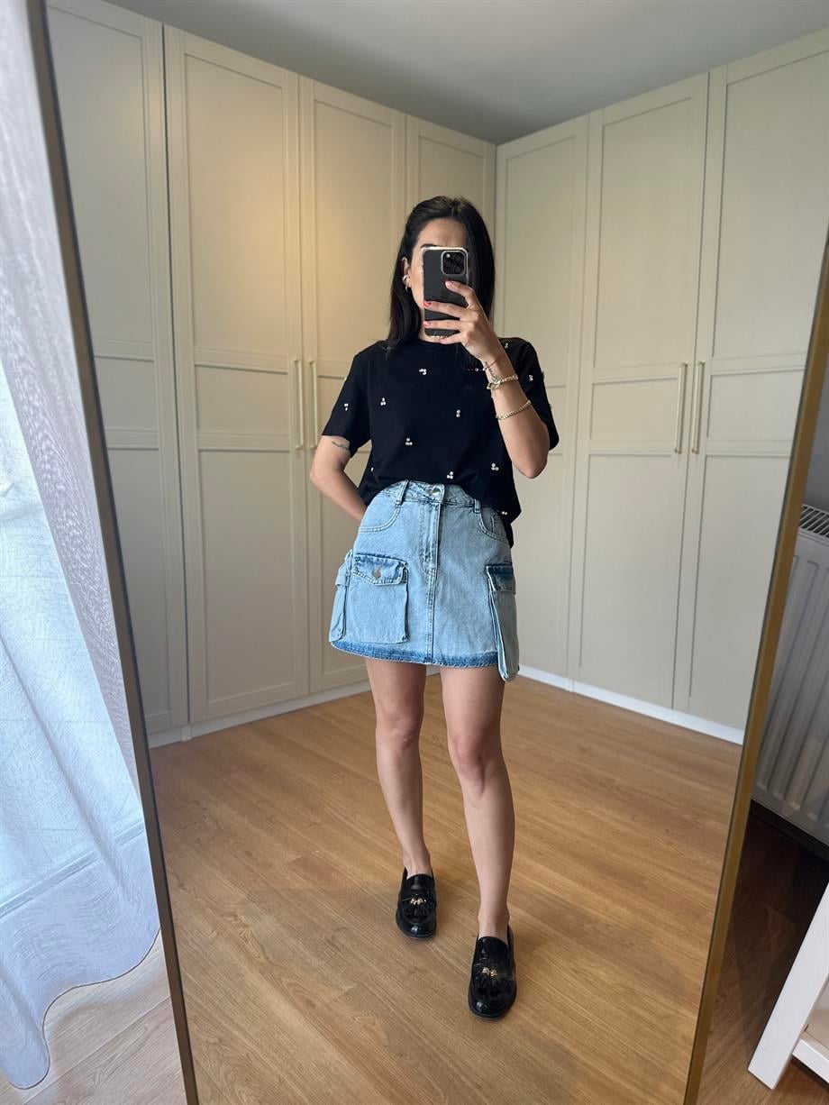 Açık Mavi Mini Kargo Etek 