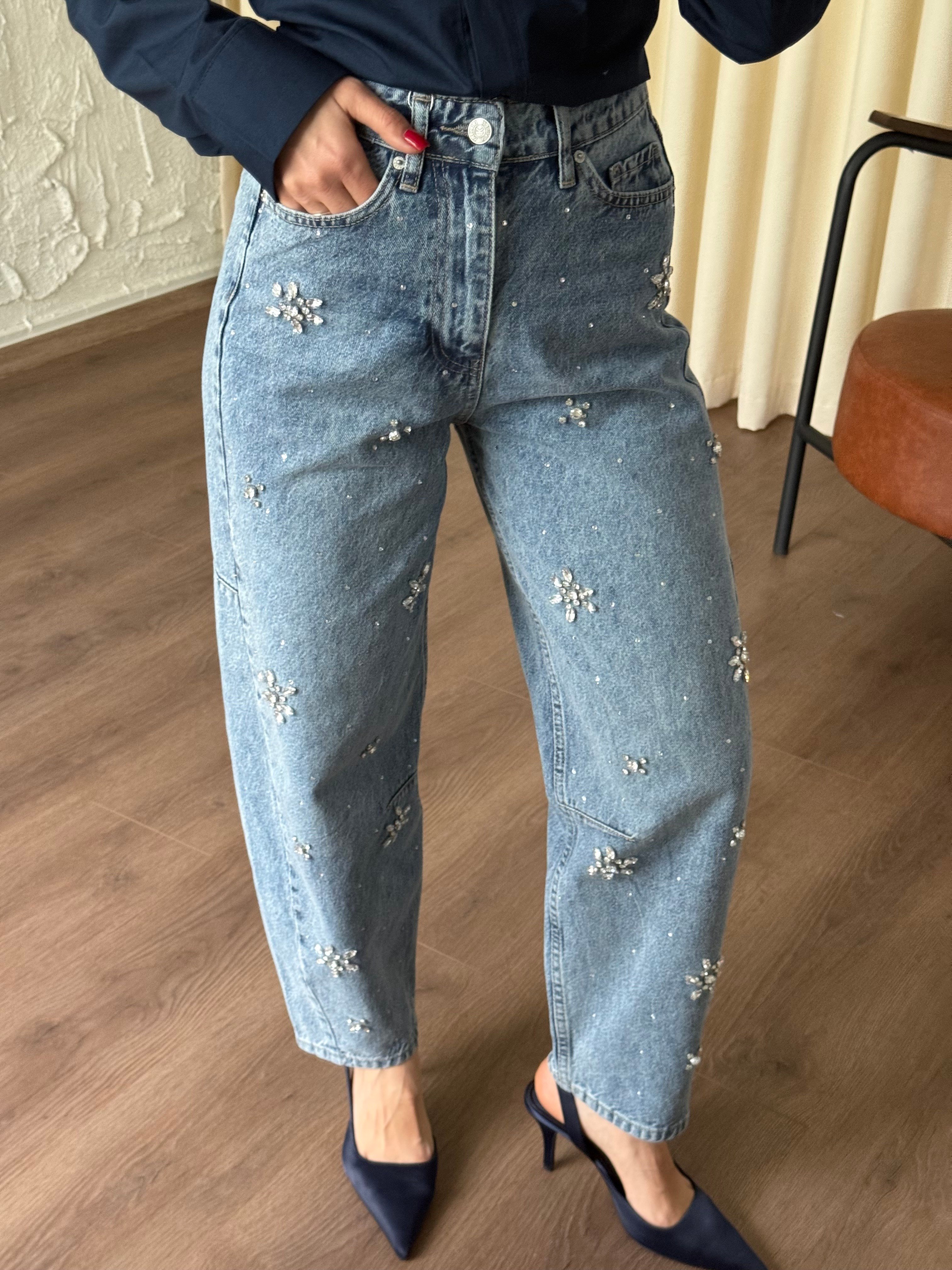 Açık Mavi Taşlı Ballon Fit Jean