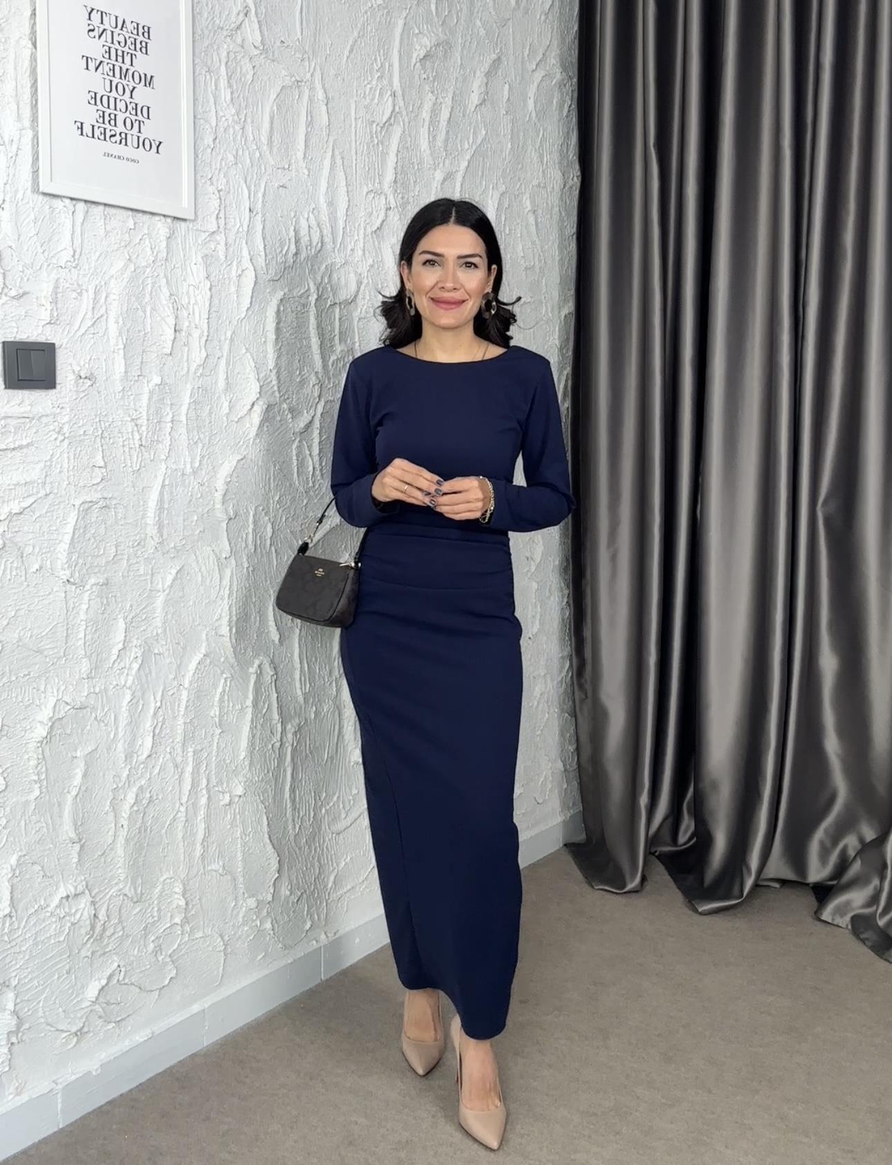 Amour Lacivert Drapeli Elbise