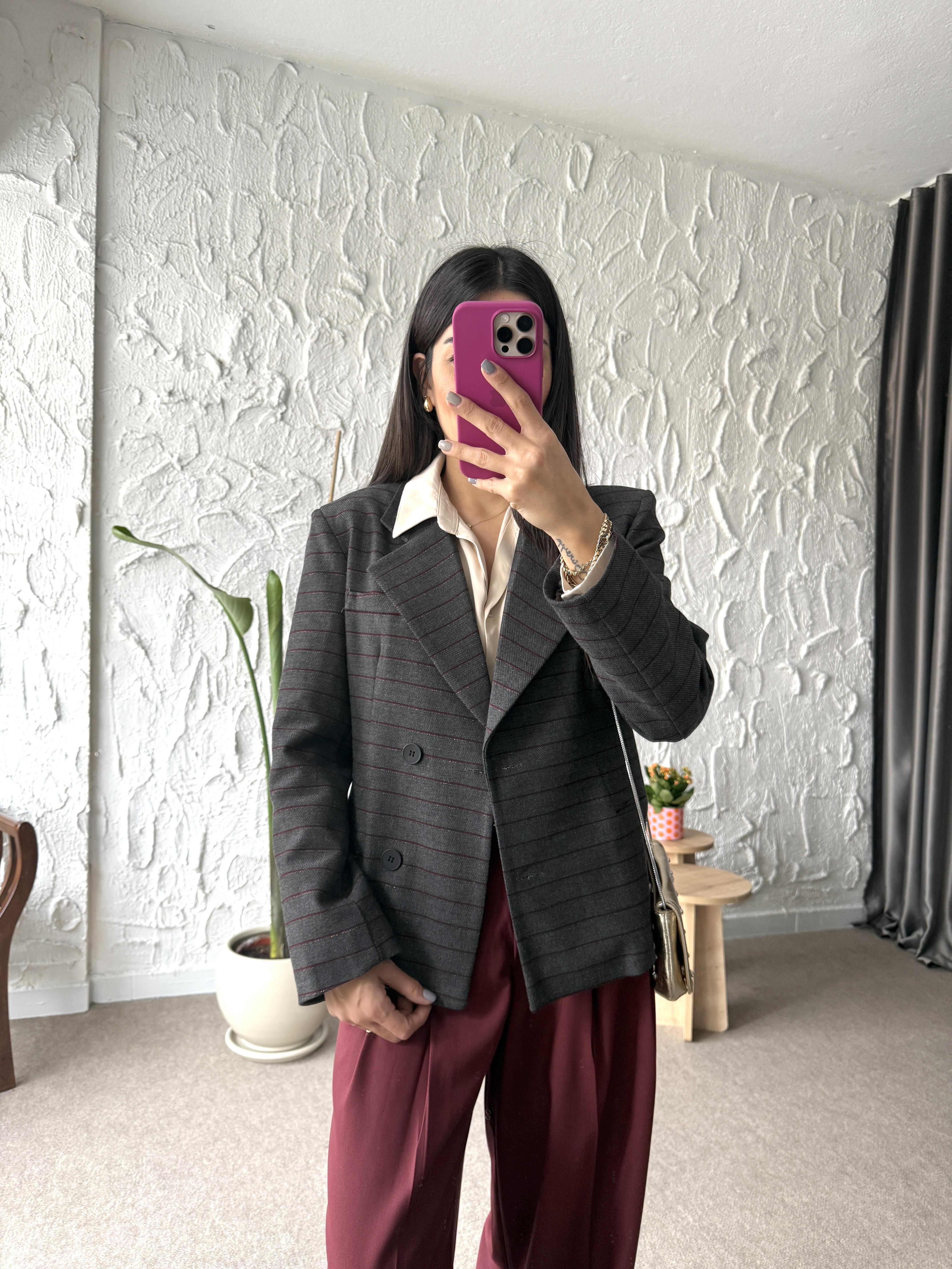 Antrasit Bordo Rose Sim Çizgi Detaylı Blazer Ceket