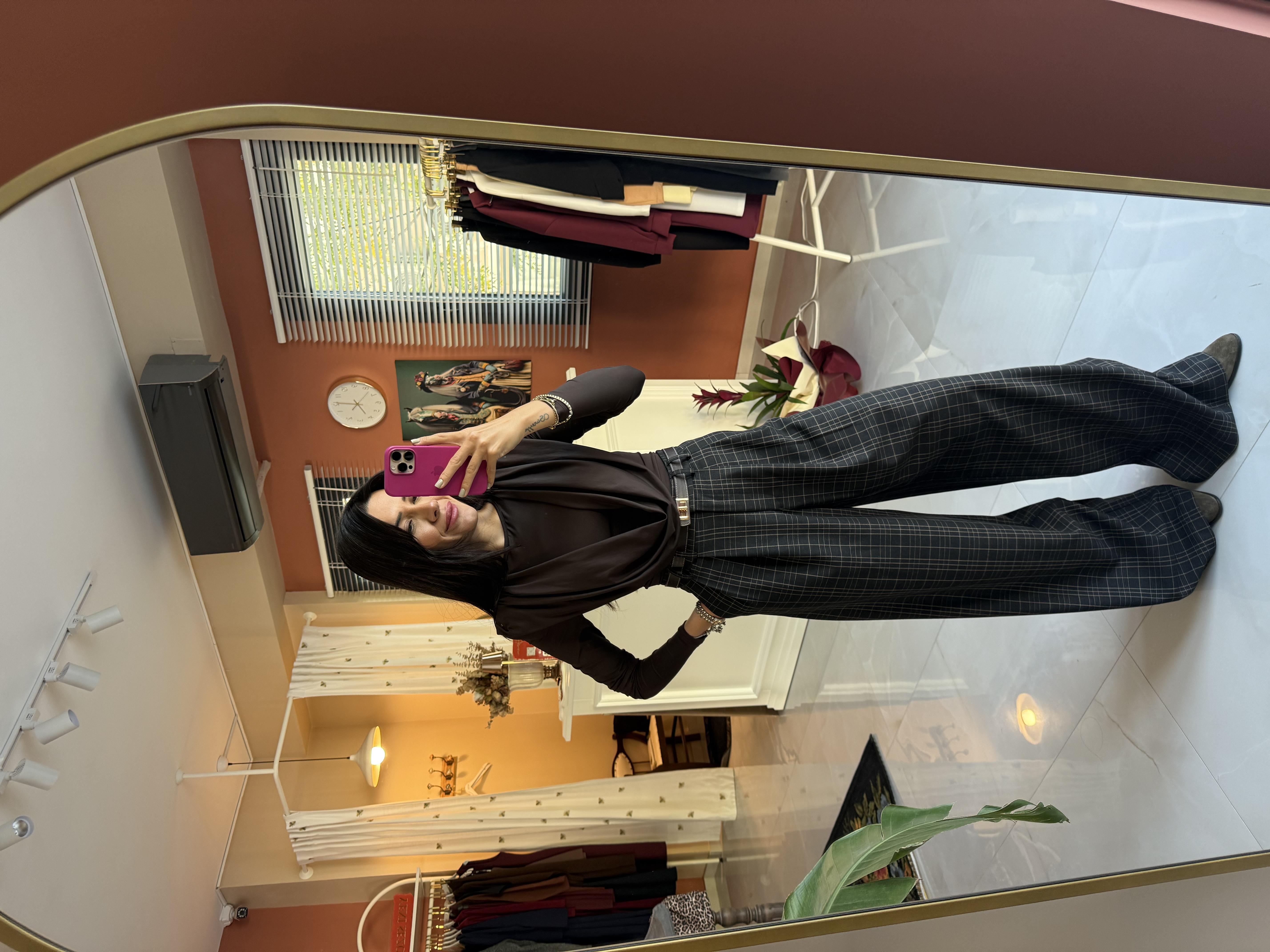 Antrasit Gri Ekoseli Palazzo Pantolon