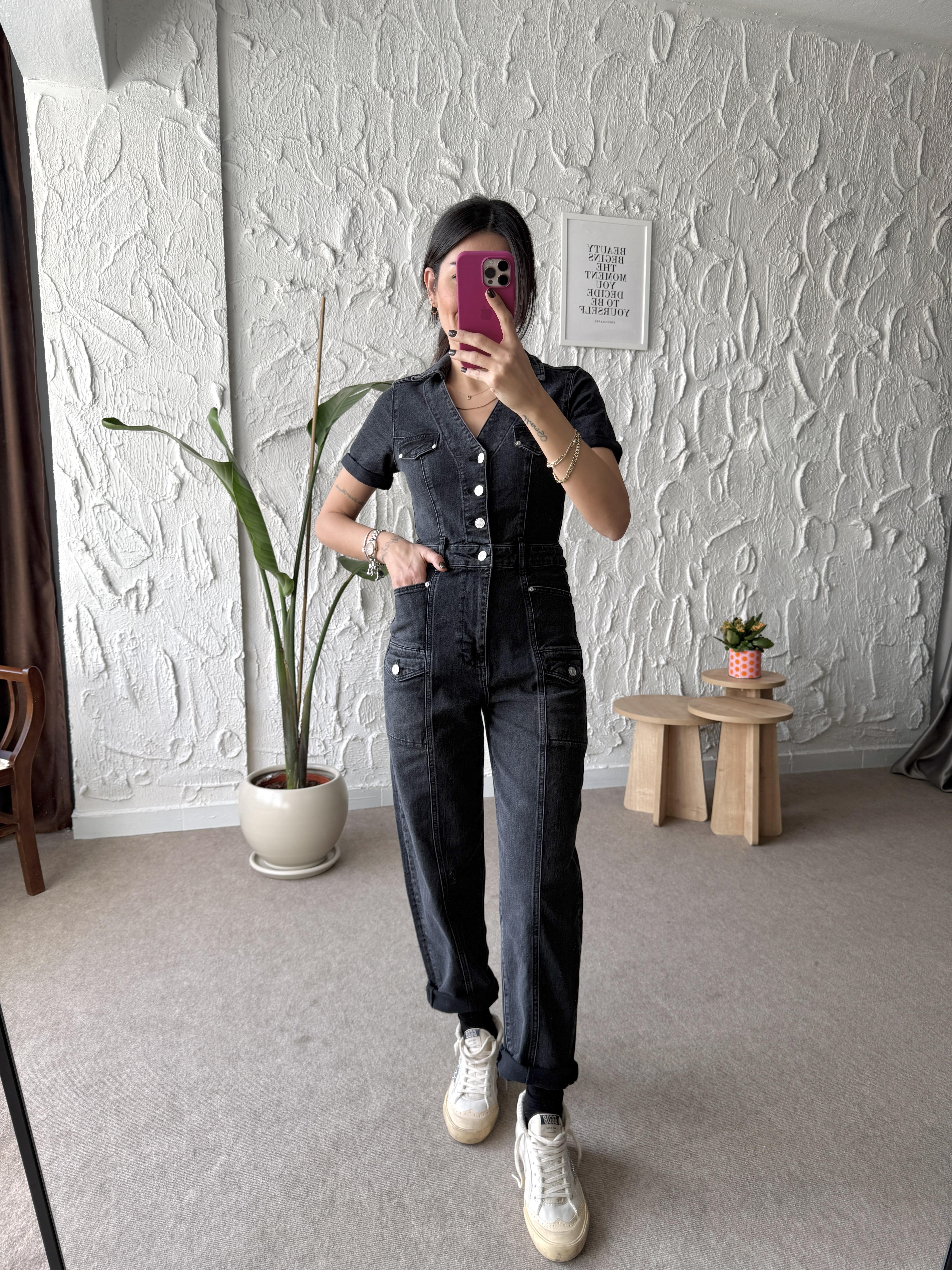 Antrasit Slim Fit Denim Tulum 