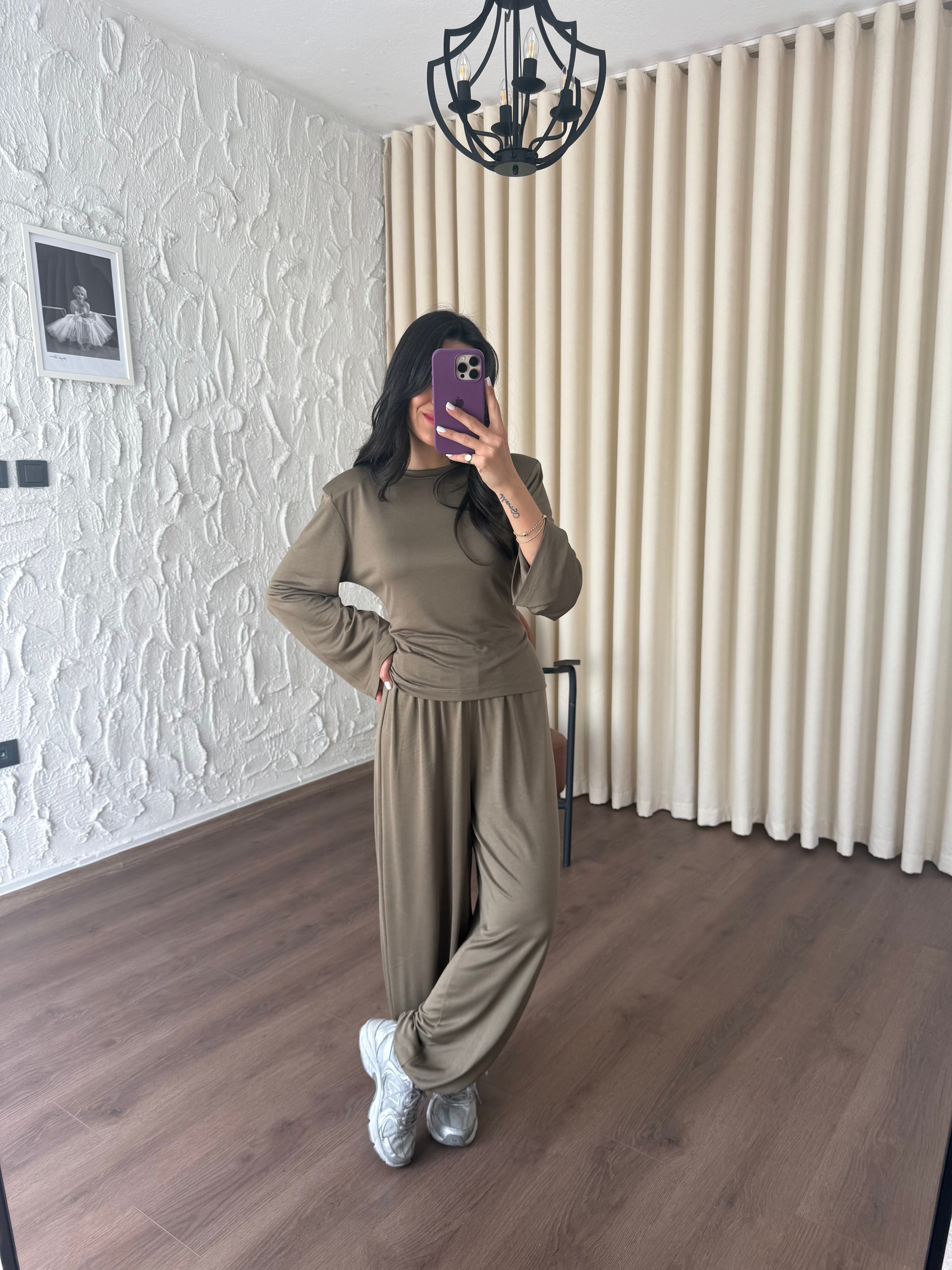 Arkası Bağcık Detaylı Şalvar Model Haki Takım