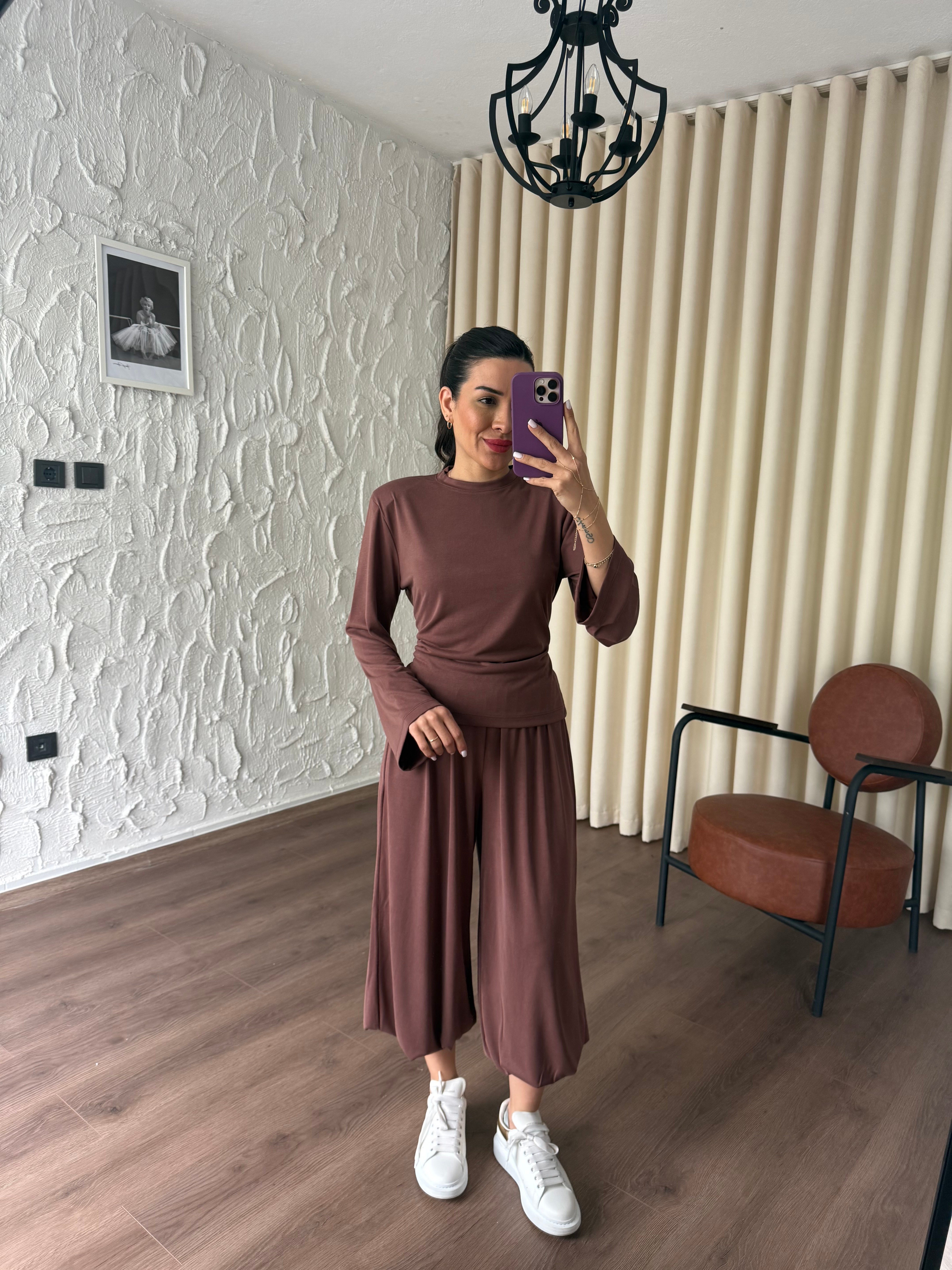 Arkası Bağcık Detaylı Şalvar Model Kiremit Takım