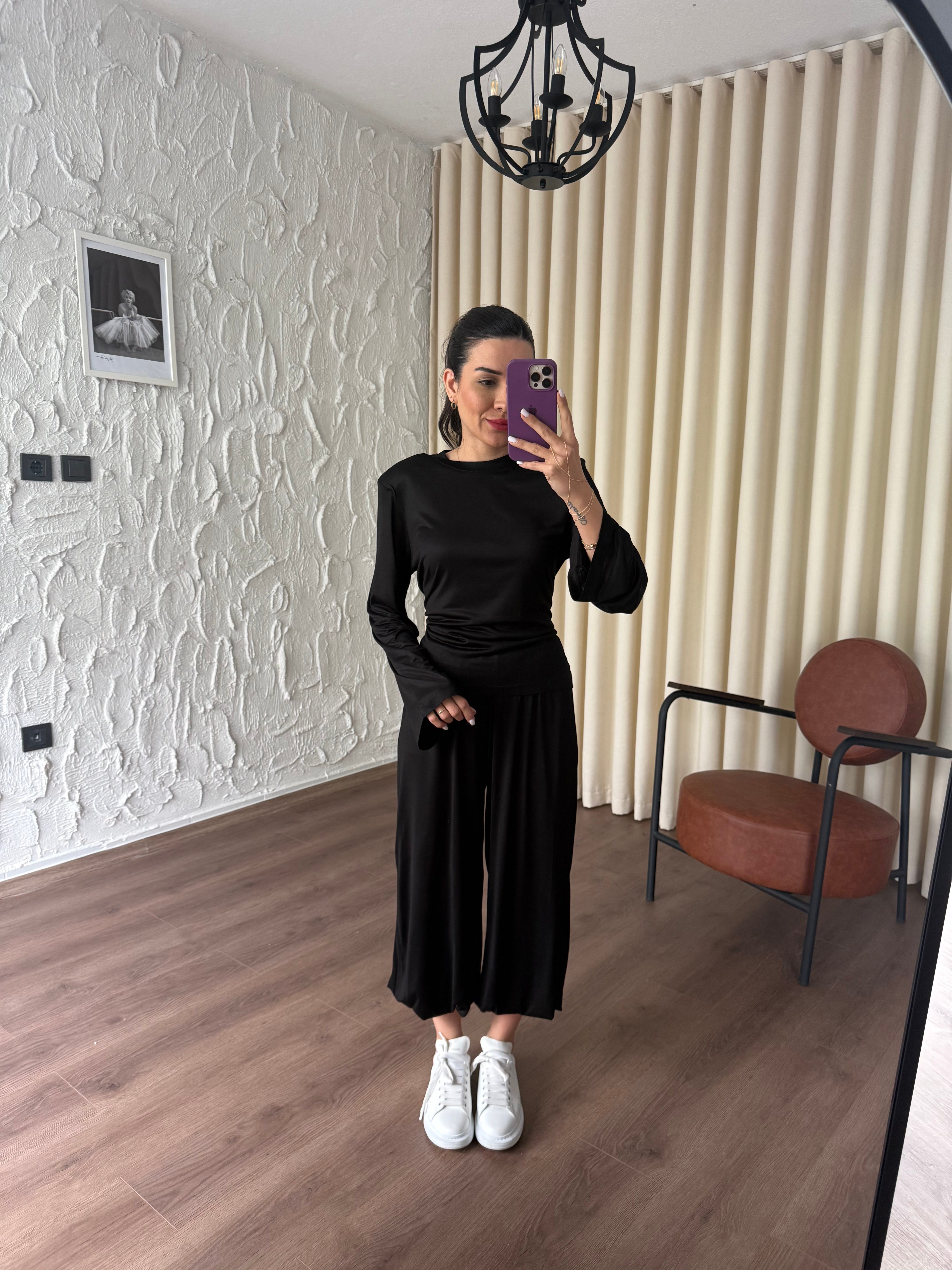 Arkası Bağcık Detaylı Şalvar Model Siyah Takım